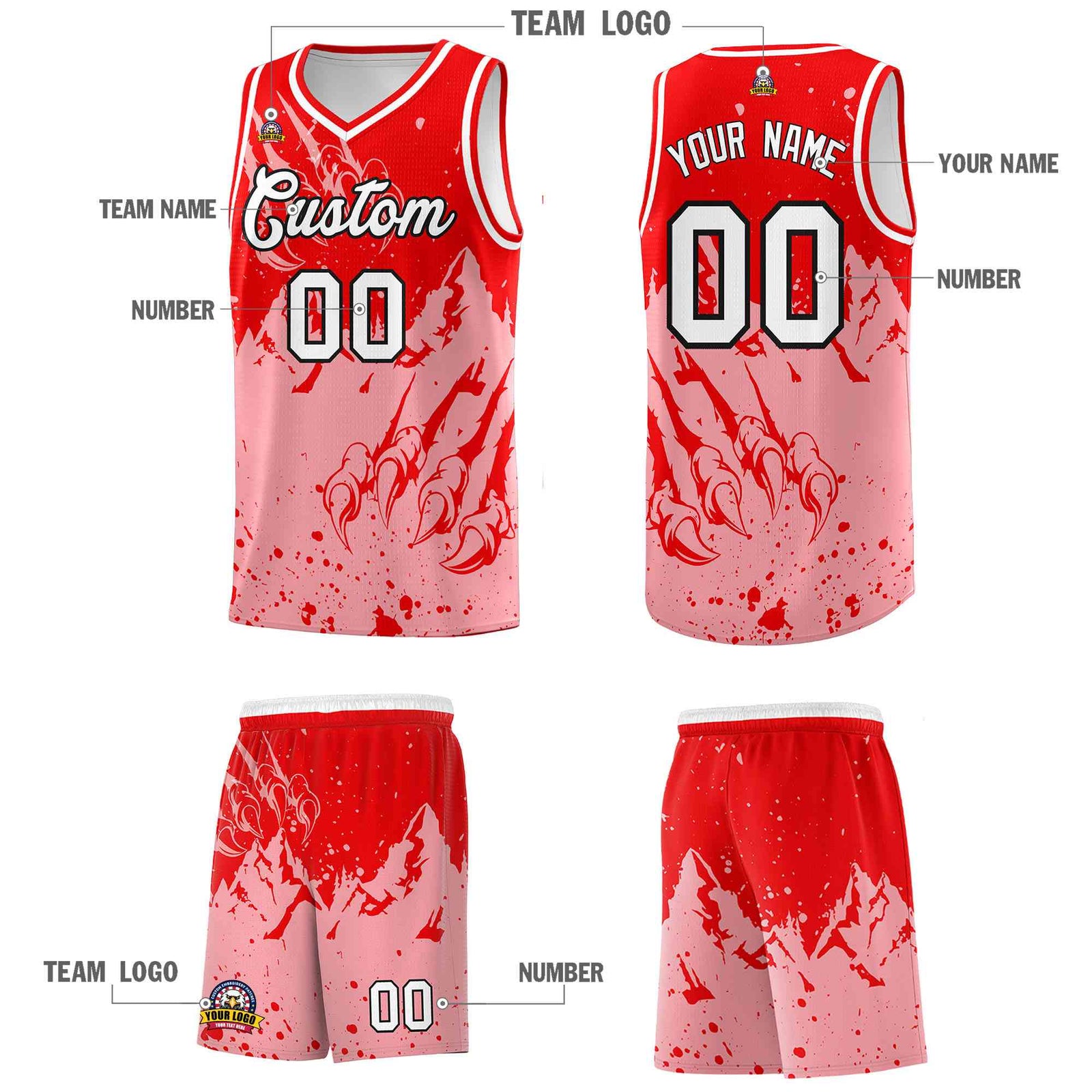 Custom Light Red Light Pink Snow Mountain Beast Pattern Sports Uniform Basketball Jersey