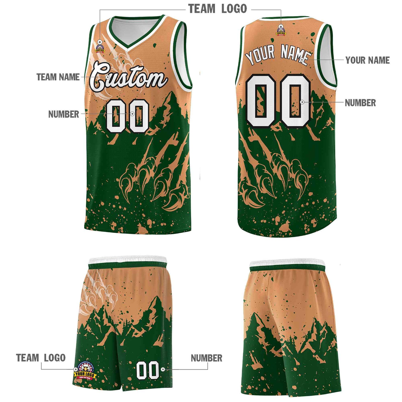 Custom Buckskin Brown Green Snow Mountain Beast Pattern Sports Uniform Basketball Jersey