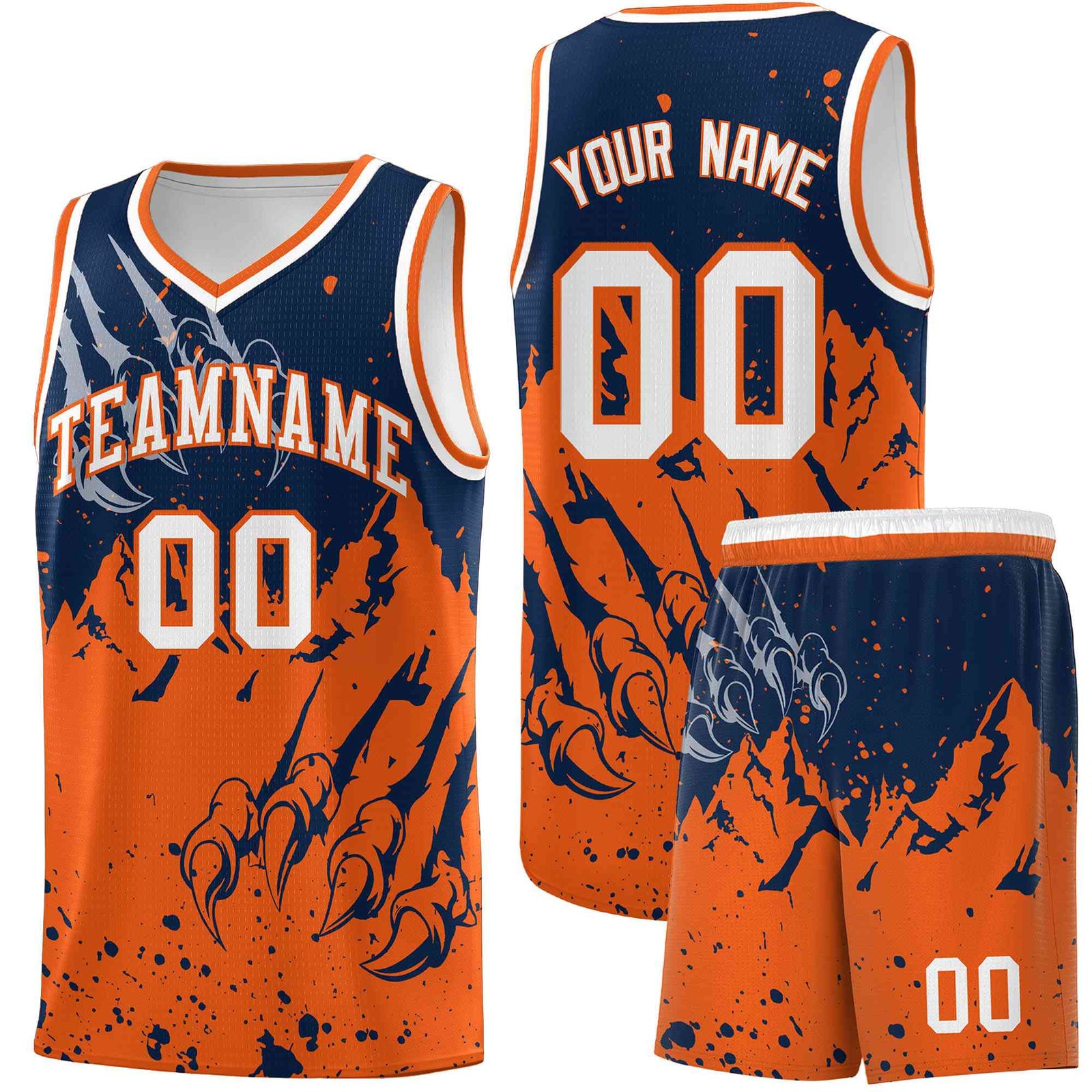 Custom Navy Orange Snow Mountain Beast Pattern Sports Uniform Basketball Jersey