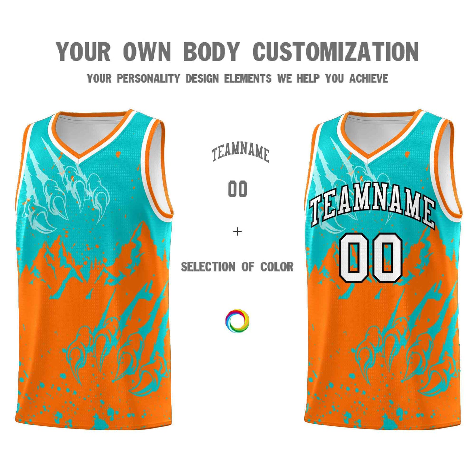 Custom Aqua Orange Snow Mountain Beast Pattern Sports Uniform Basketball Jersey