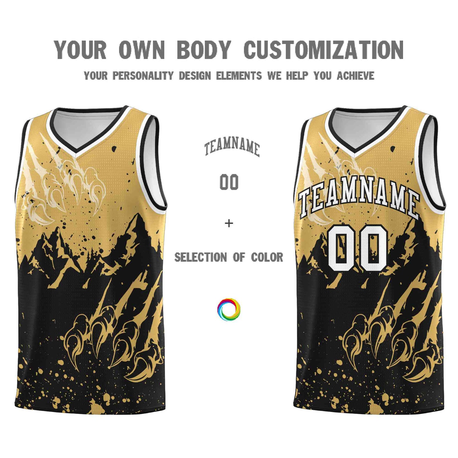Custom Old Gold Black Snow Mountain Beast Pattern Sports Uniform Basketball Jersey