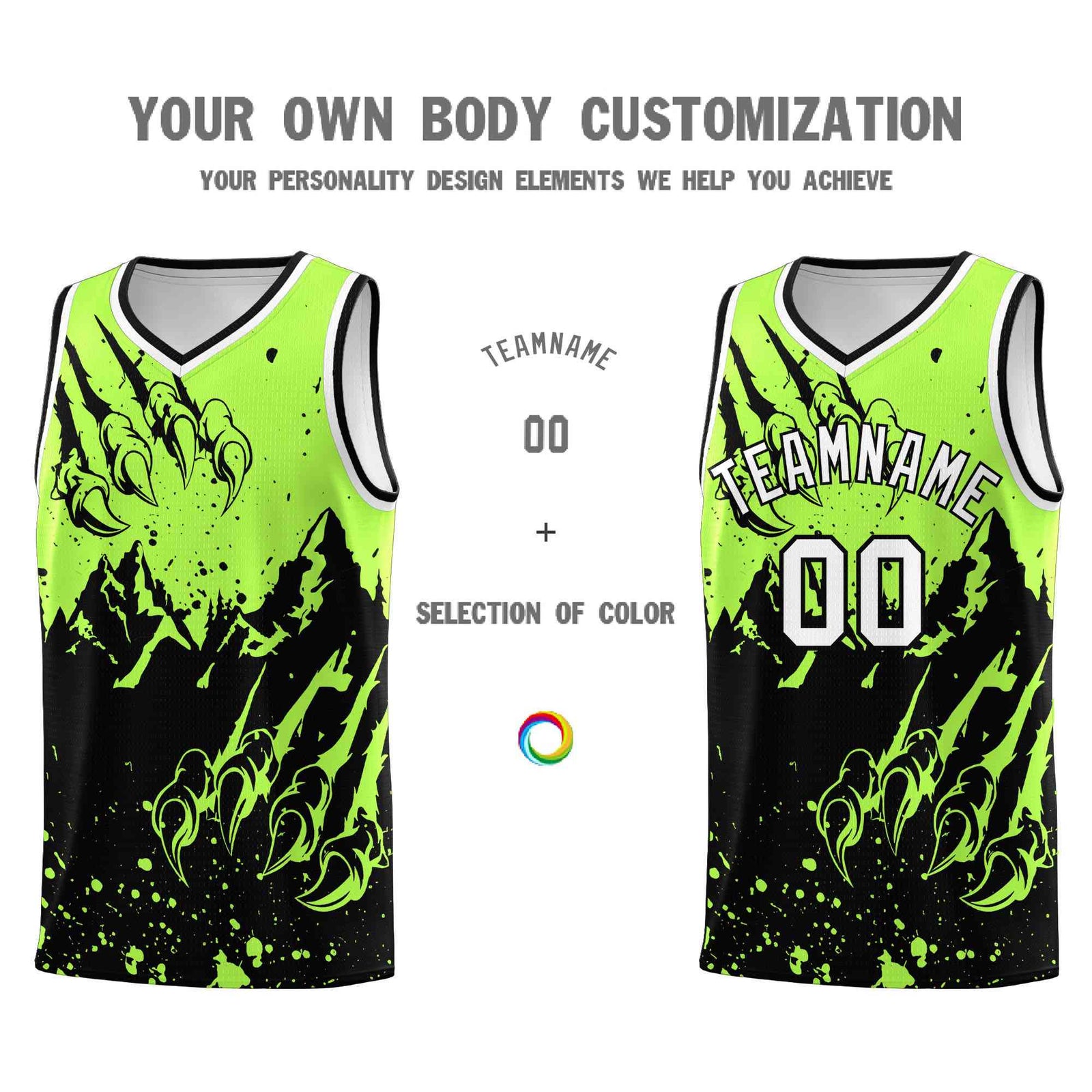 Custom Fluorescent Green Black Snow Mountain Beast Pattern Sports Uniform Basketball Jersey