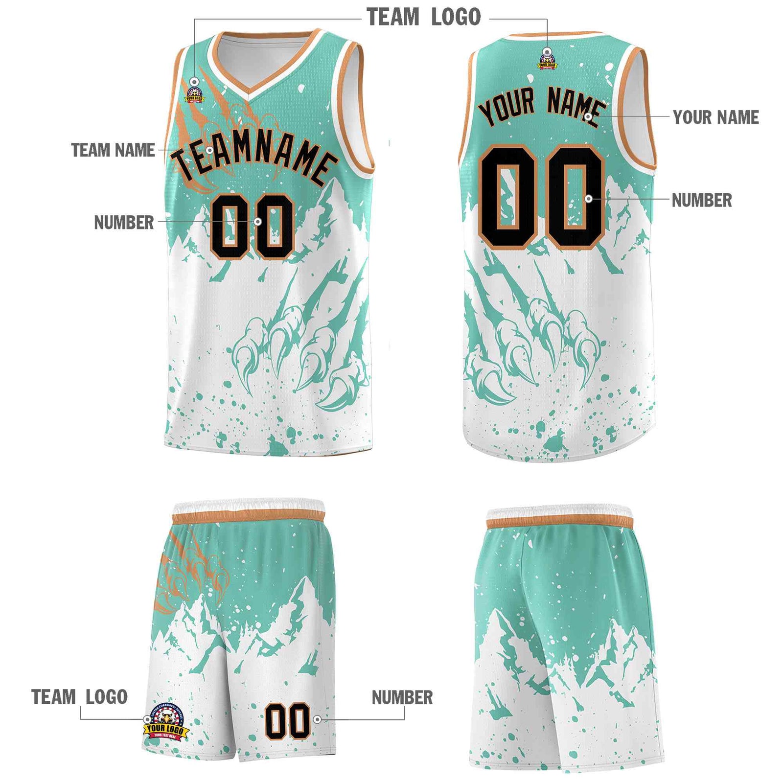 Custom Bright Green White Snow Mountain Beast Pattern Sports Uniform Basketball Jersey