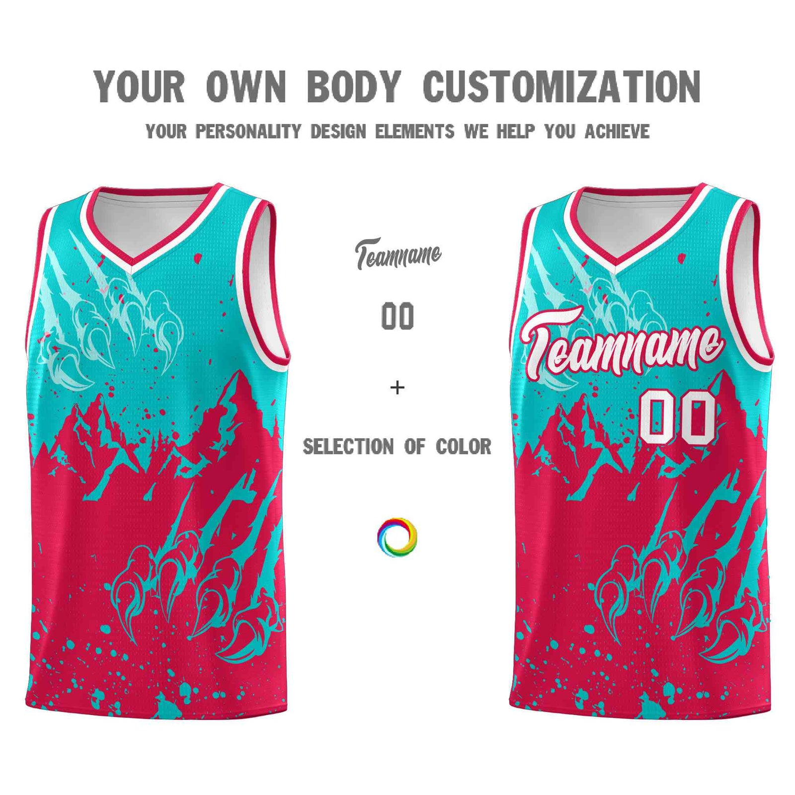 Custom Aqua Red Snow Mountain Beast Pattern Sports Uniform Basketball Jersey