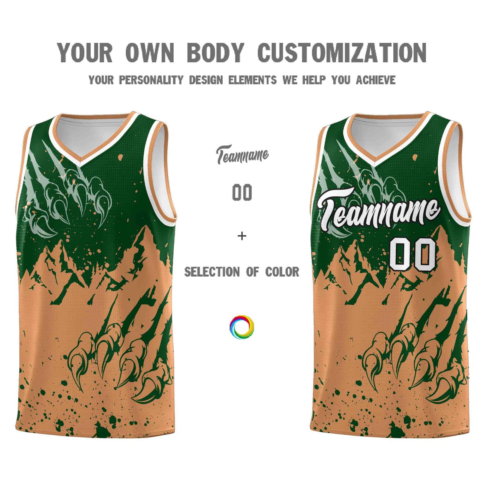 Custom Green Buckskin Brown Snow Mountain Beast Pattern Sports Uniform Basketball Jersey
