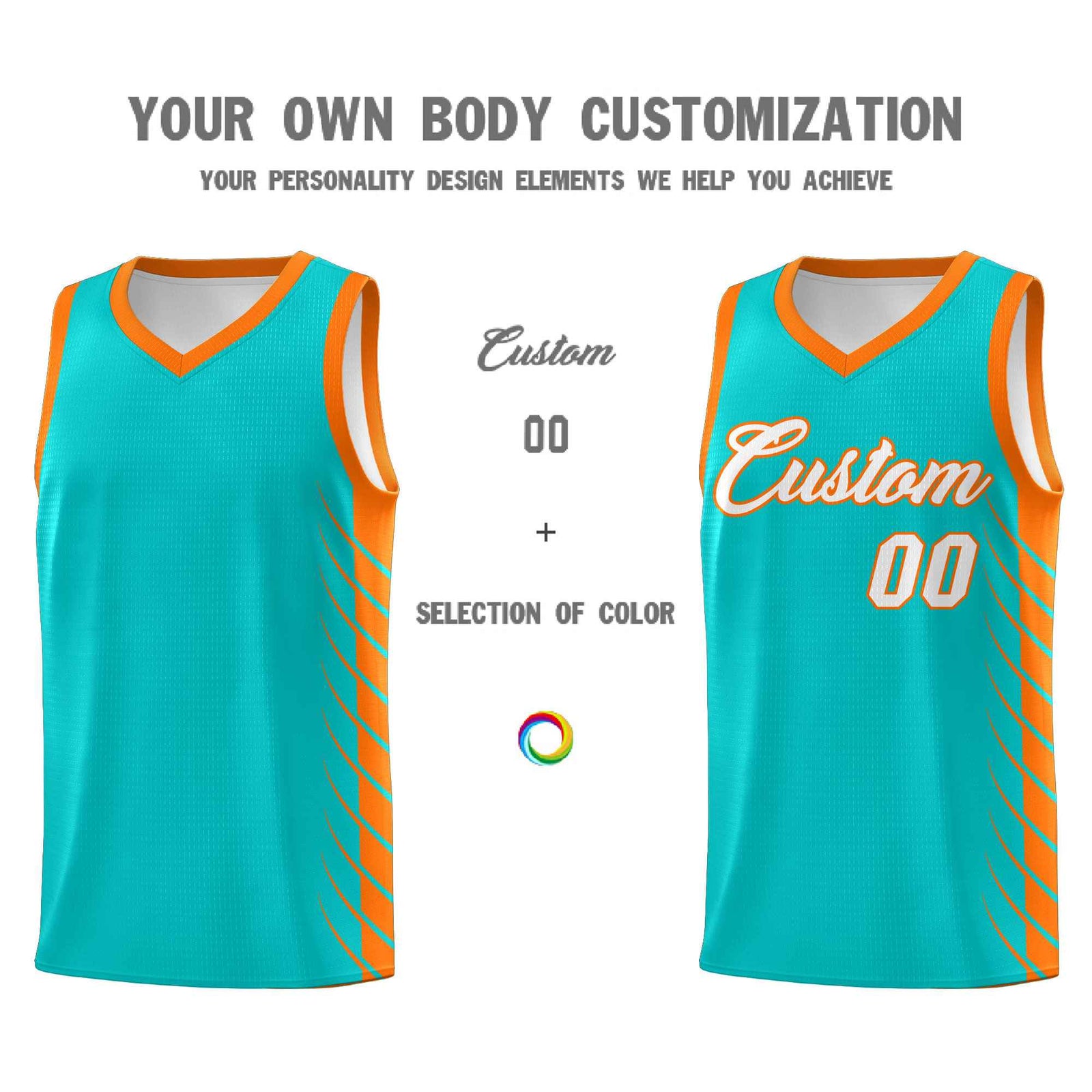Custom Aqua Orange Personalized Side Symmetrical Line Pattern Sports Uniform Basketball Jersey