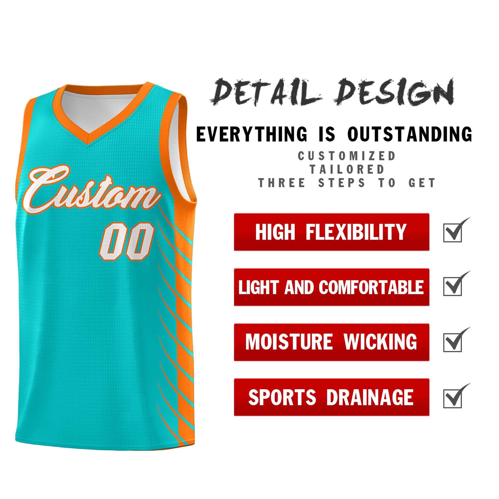 Custom Aqua Orange Personalized Side Symmetrical Line Pattern Sports Uniform Basketball Jersey