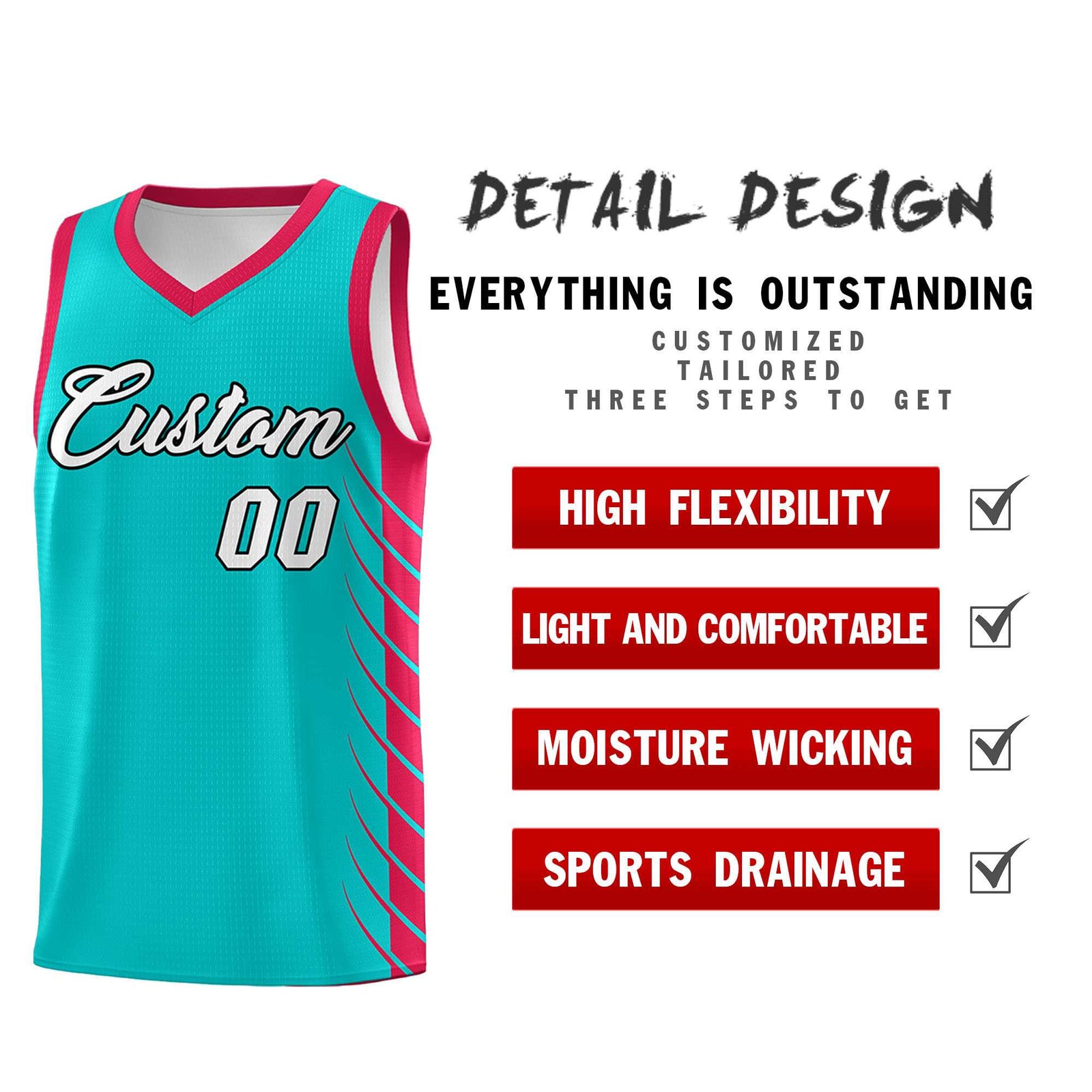 Custom Aqua Red Personalized Side Symmetrical Line Pattern Sports Uniform Basketball Jersey