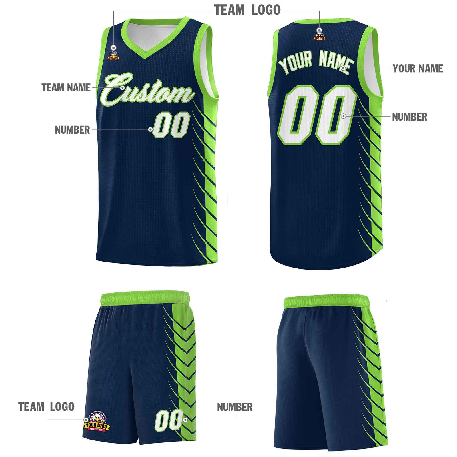 Custom Navy Fluorescent Green Personalized Side Symmetrical Line Pattern Sports Uniform Basketball Jersey