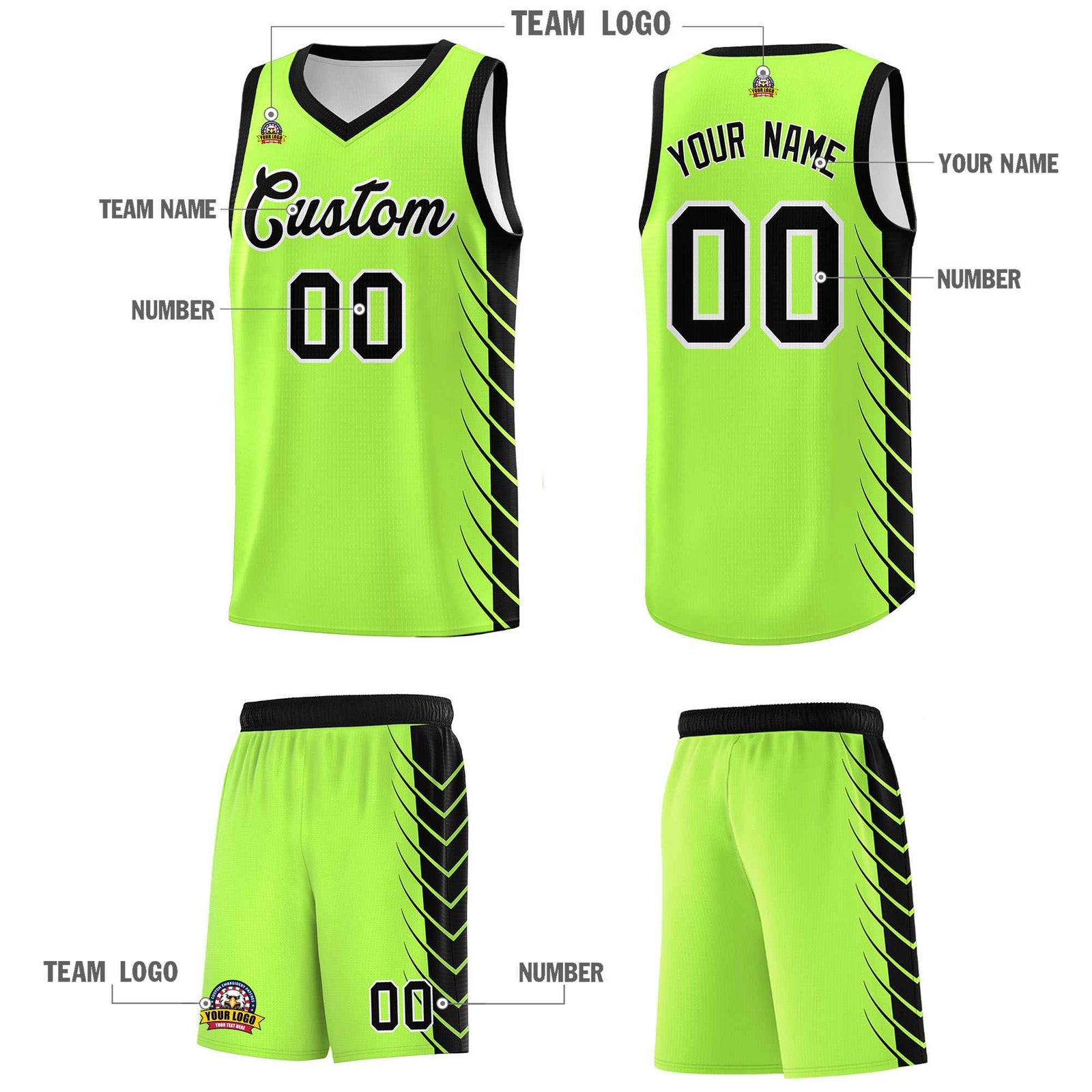 Custom Fluorescent Green Black Personalized Side Symmetrical Line Pattern Sports Uniform Basketball Jersey| KXKSHOP