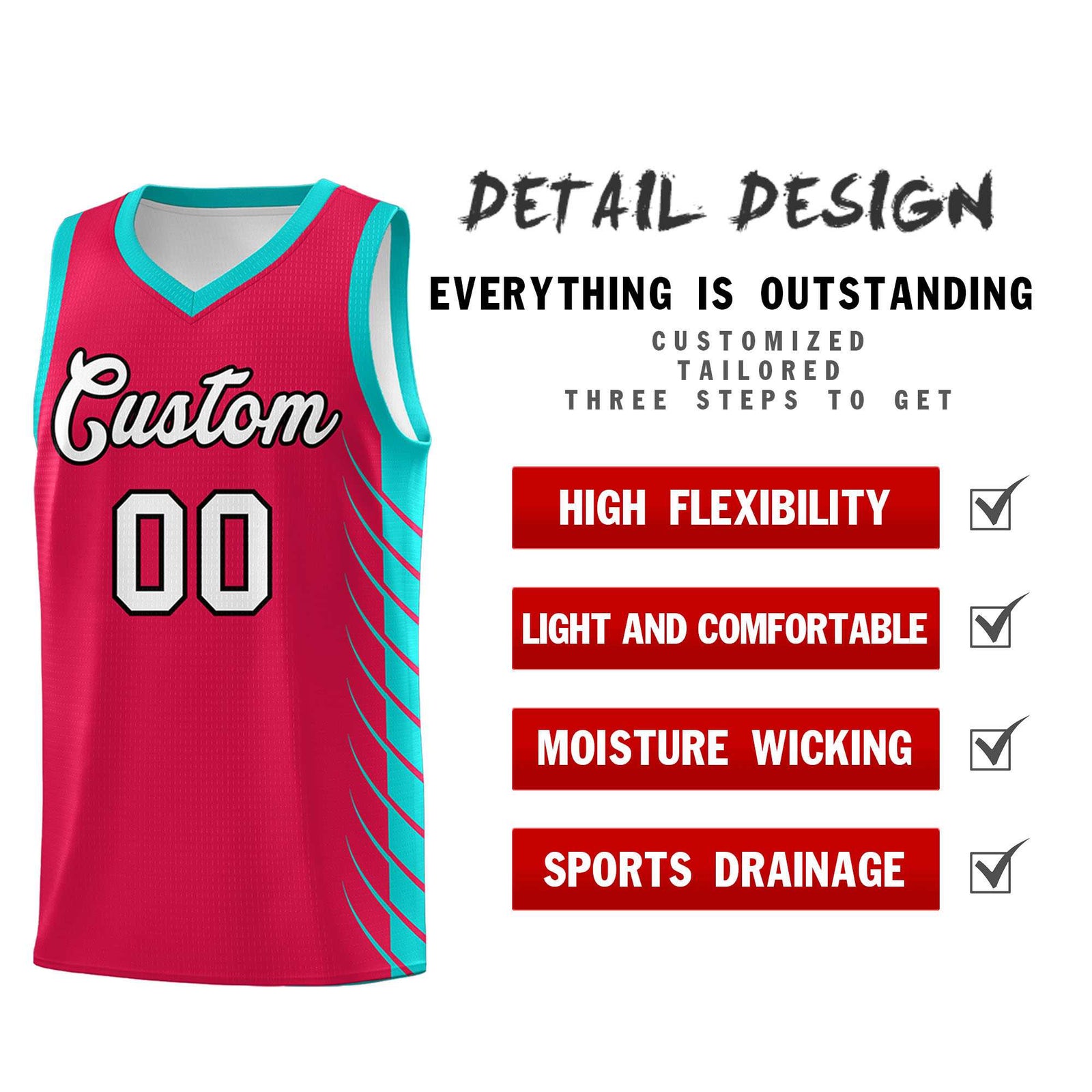Custom Red Aqua Personalized Side Symmetrical Line Pattern Sports Uniform Basketball Jersey| KXKSHOP