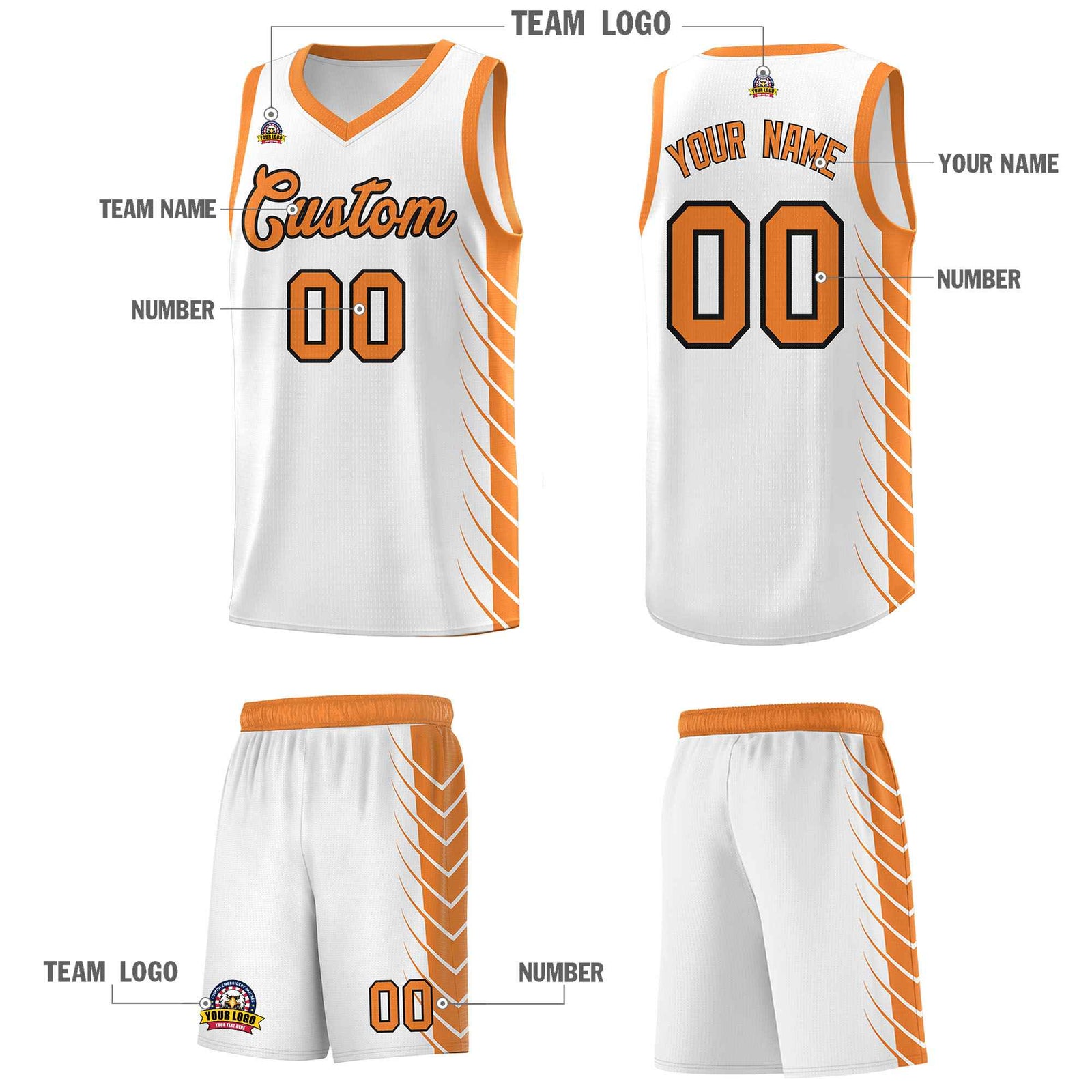 Custom White Gold Orange Personalized Side Symmetrical Line Pattern Sports Uniform Basketball Jersey