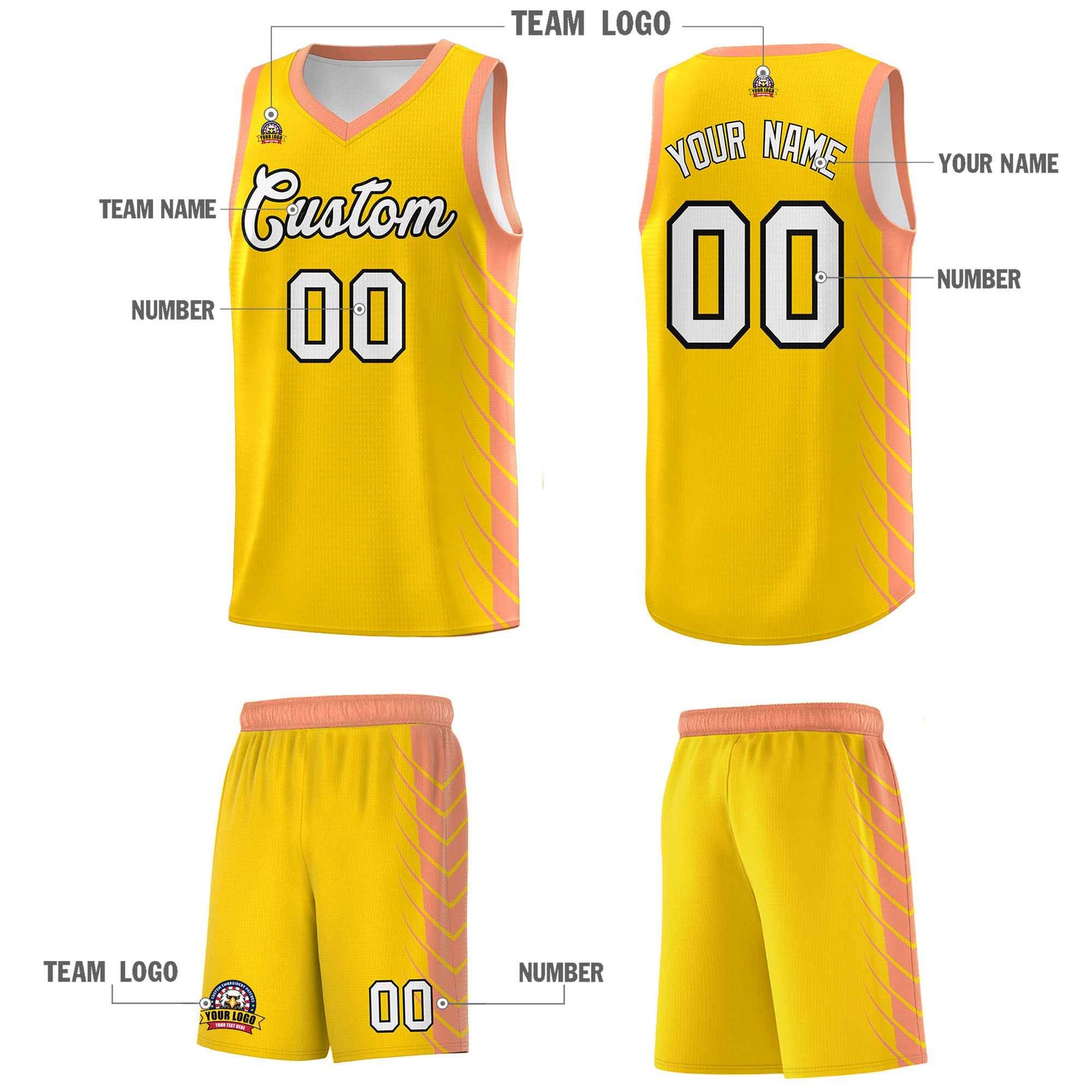 Custom Gold Light Orange Personalized Side Symmetrical Line Pattern Sports Uniform Basketball Jersey