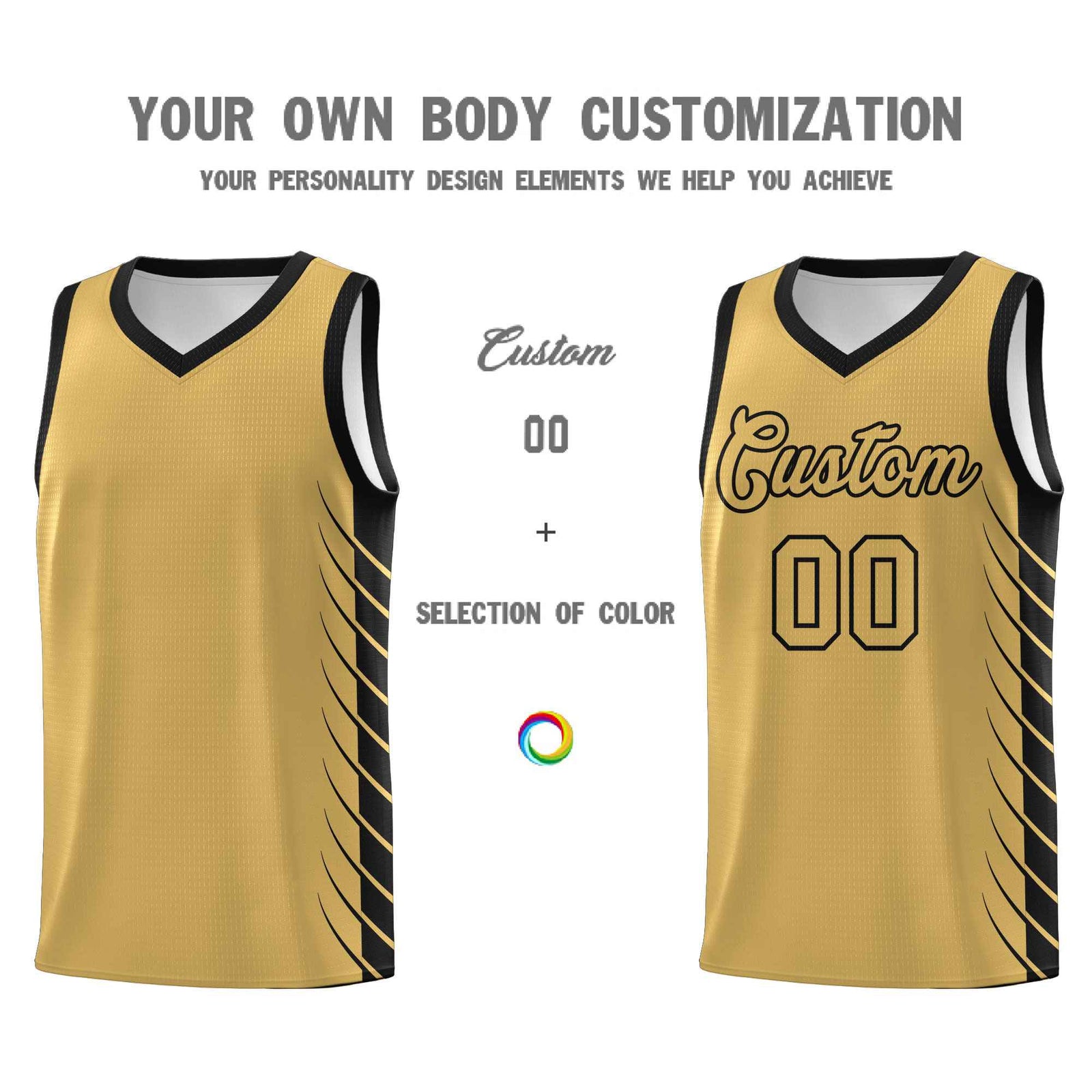 Custom Old Gold Black Personalized Side Symmetrical Line Pattern Sports Uniform Basketball Jersey| KXKSHOP