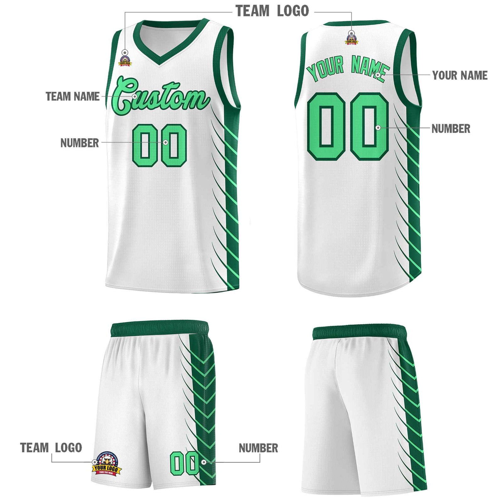 Custom White Kelly Green Personalized Side Symmetrical Line Pattern Sports Uniform Basketball Jersey| KXKSHOP