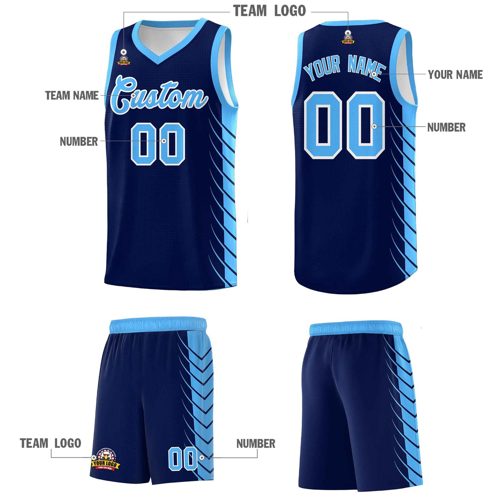 Custom Navy Powder Blue Personalized Side Symmetrical Line Pattern Sports Uniform Basketball Jersey