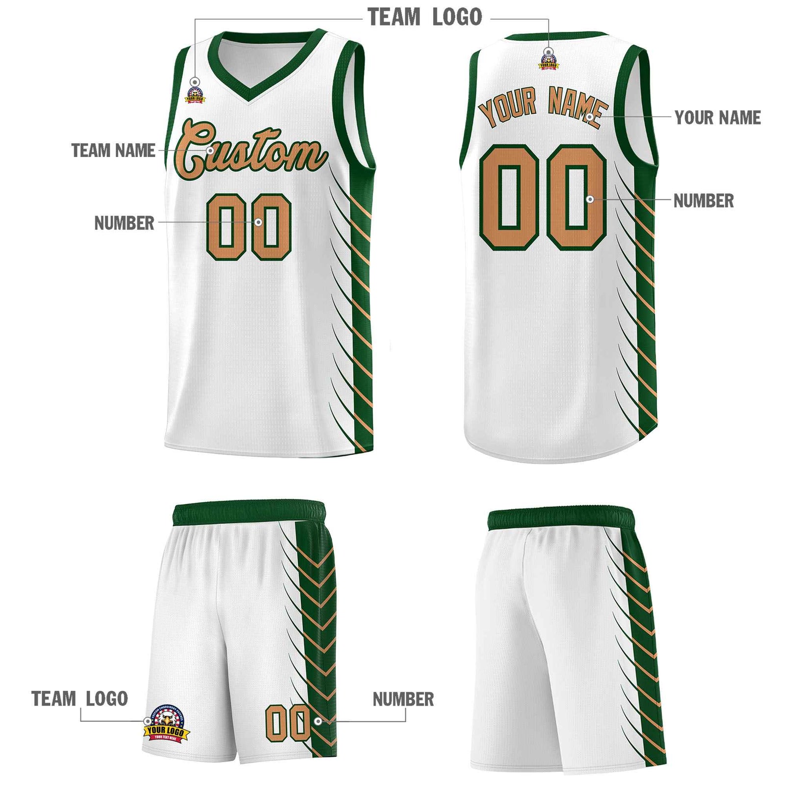 Custom White Green Personalized Side Symmetrical Line Pattern Sports Uniform Basketball Jersey| KXKSHOP