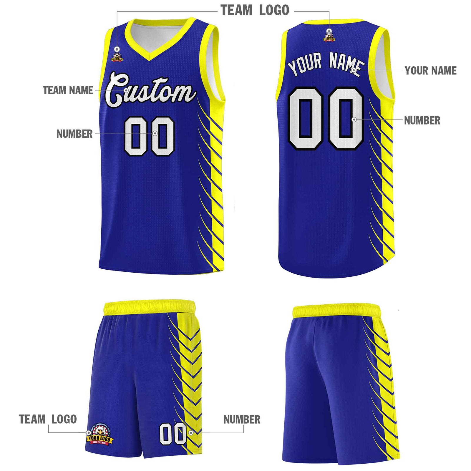 Custom Royal Fluorescent Yellow Personalized Side Symmetrical Line Pattern Sports Uniform Basketball Jersey| KXKSHOP