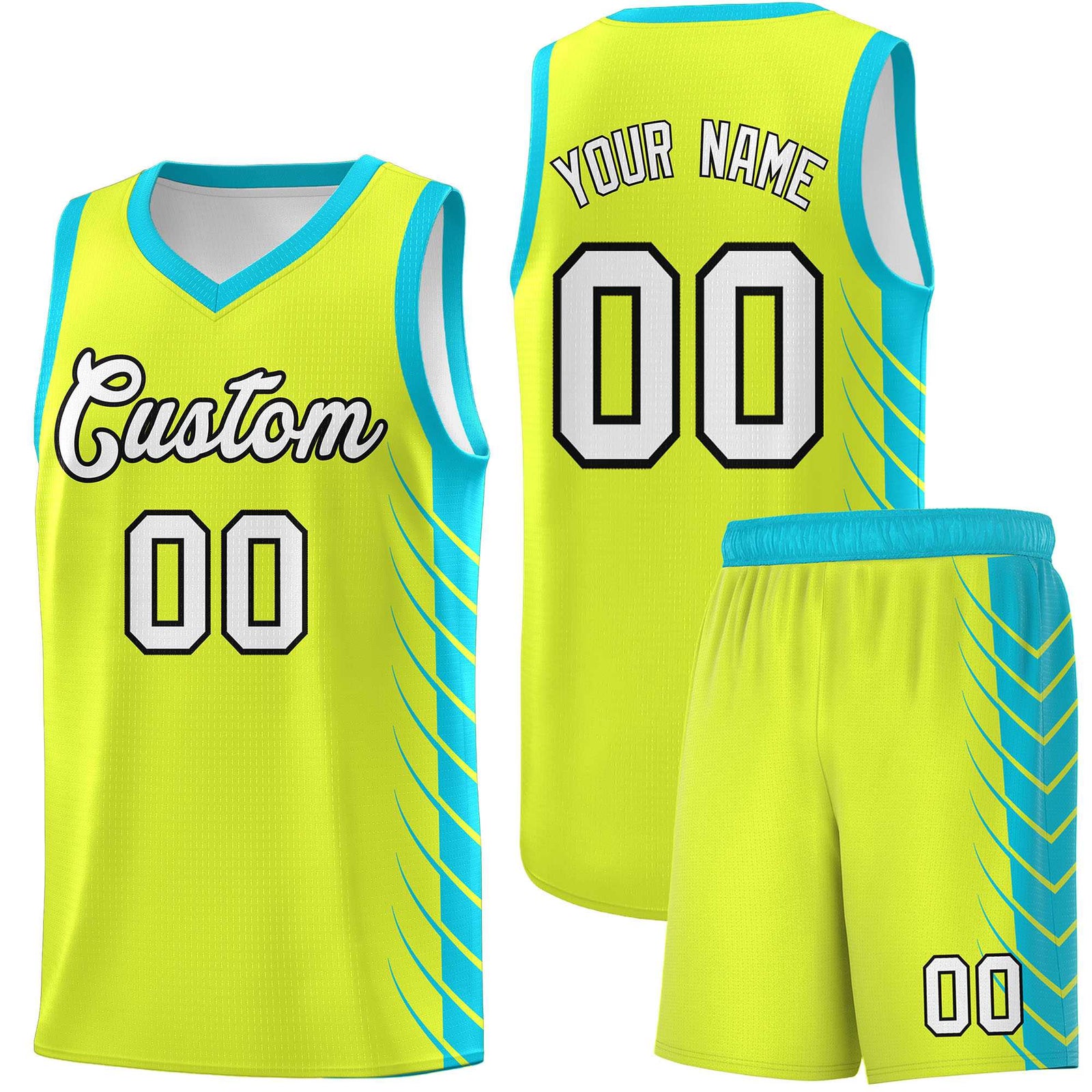 Custom Fluorescent Green Sky Blue Personalized Side Symmetrical Line Pattern Sports Uniform Basketball Jersey| KXKSHOP