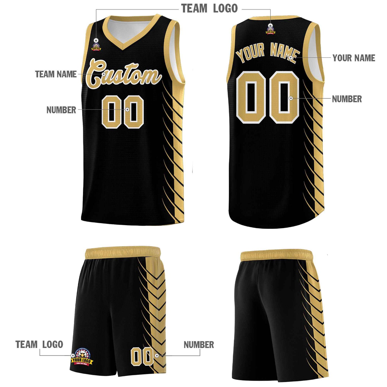 Custom Black Old Gold Personalized Side Symmetrical Line Pattern Sports Uniform Basketball Jersey| KXKSHOP