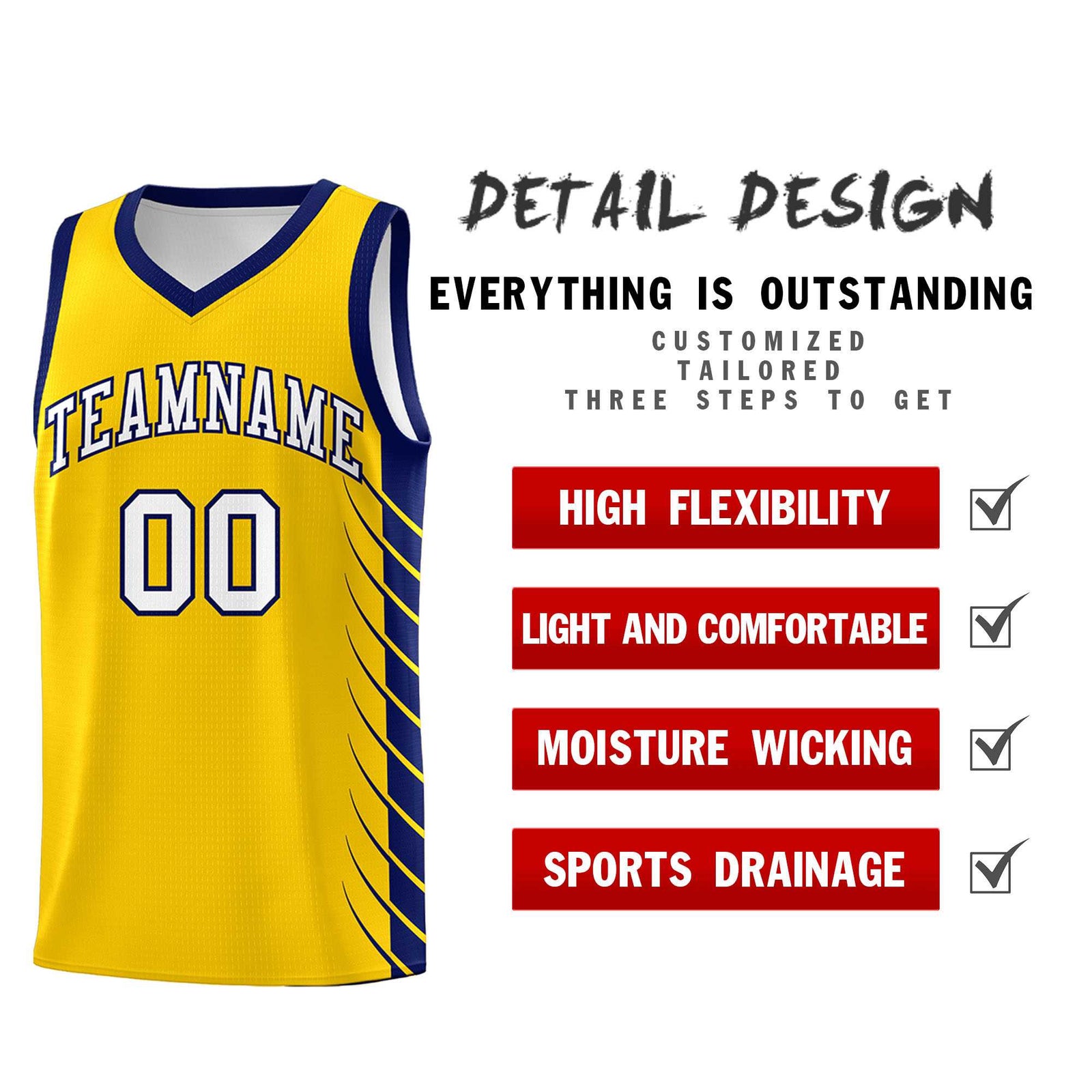 Custom Gold Navy Personalized Side Symmetrical Line Pattern Sports Uniform Basketball Jersey