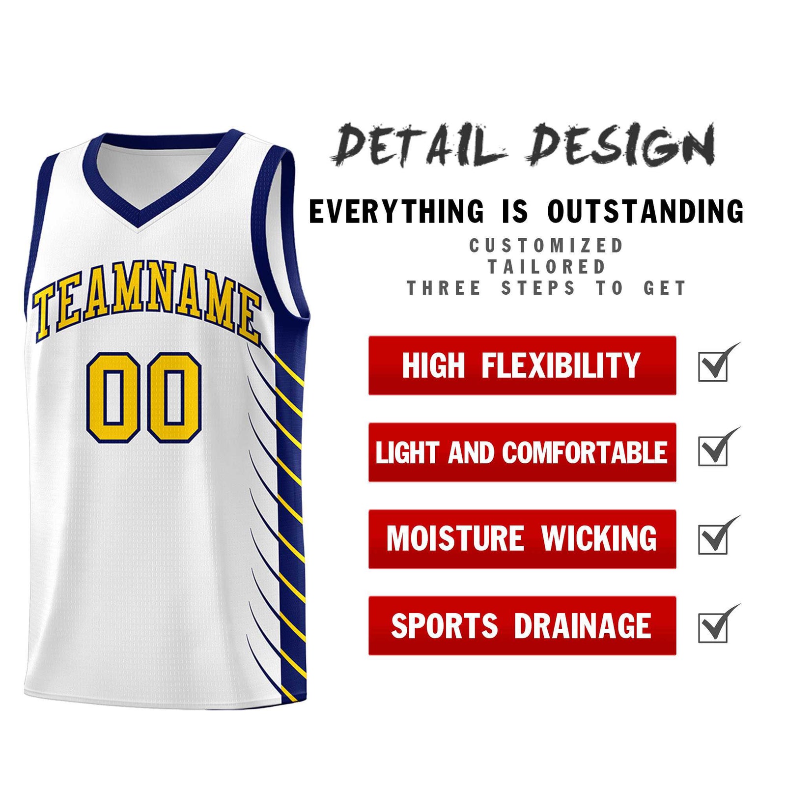 Custom White Navy Personalized Side Symmetrical Line Pattern Sports Uniform Basketball Jersey