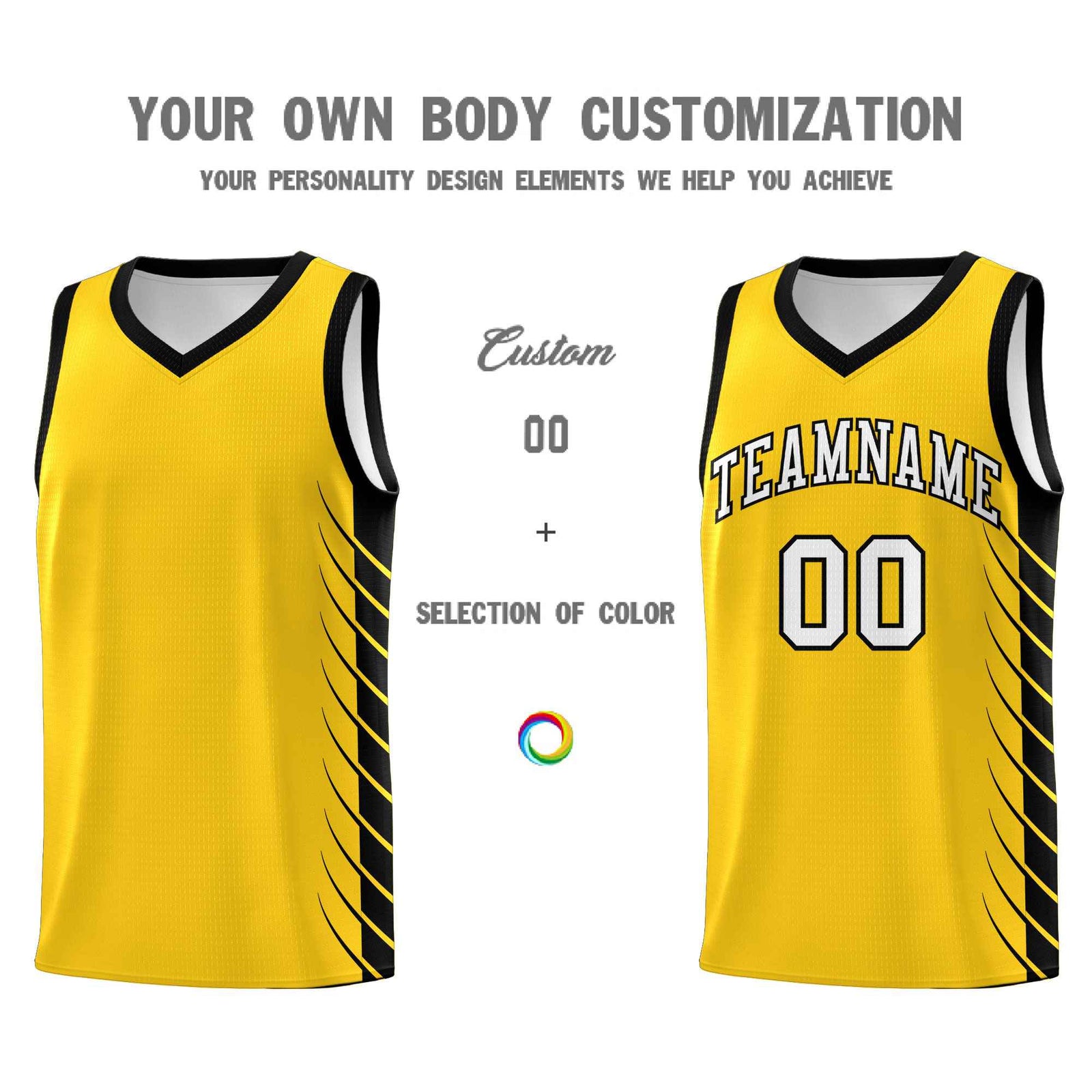 Custom Gold Black Personalized Side Symmetrical Line Pattern Sports Uniform Basketball Jersey