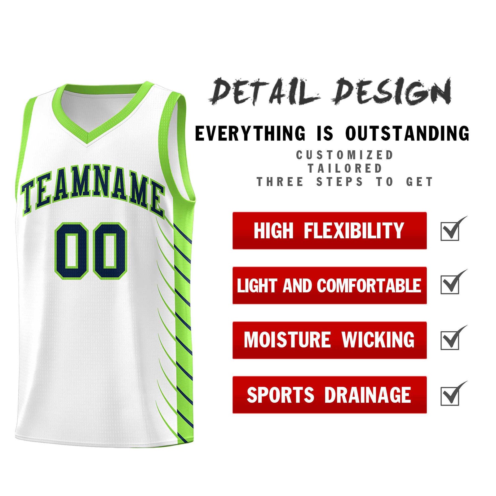 Custom White Fluorescent Green Personalized Side Symmetrical Line Pattern Sports Uniform Basketball Jersey