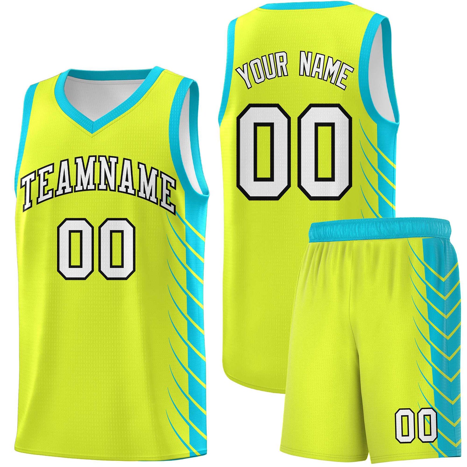 Custom Fluorescent Green Sky Blue Personalized Side Symmetrical Line Pattern Sports Uniform Basketball Jersey