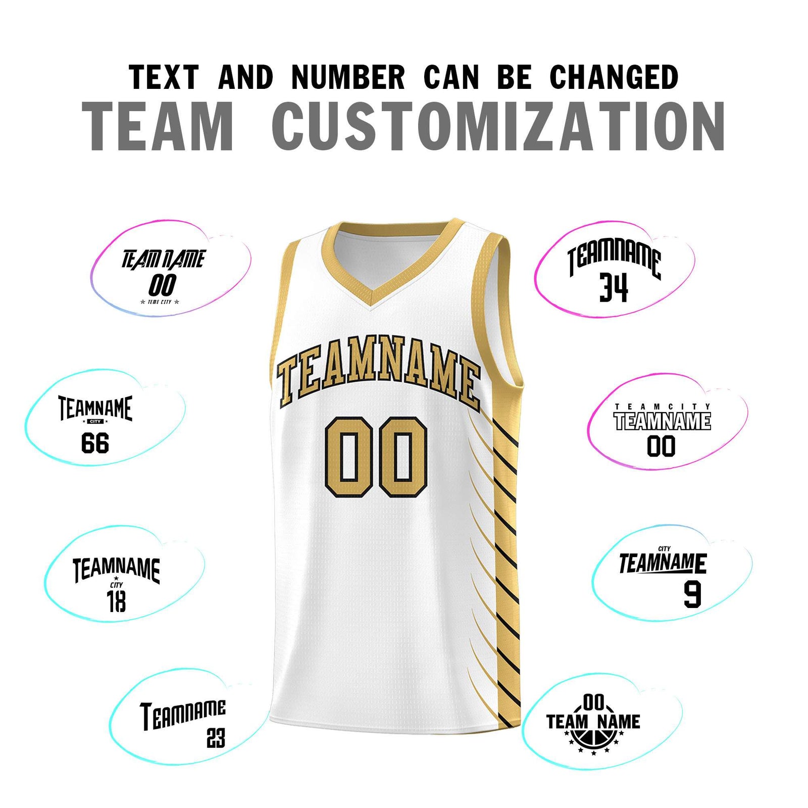 Custom White Old Gold Personalized Side Symmetrical Line Pattern Sports Uniform Basketball Jersey