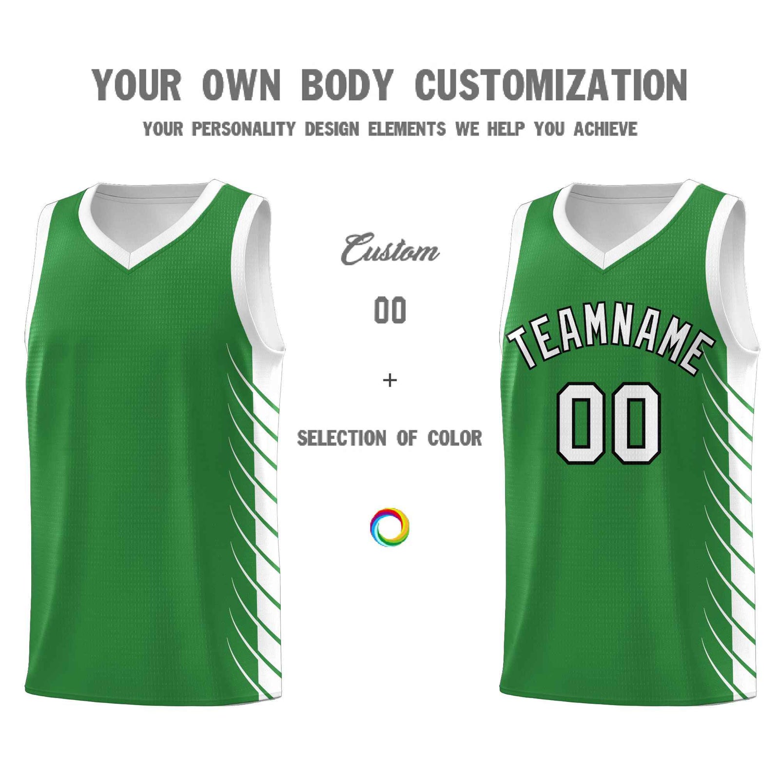 Custom Kelly Green White Personalized Side Symmetrical Line Pattern Sports Uniform Basketball Jersey