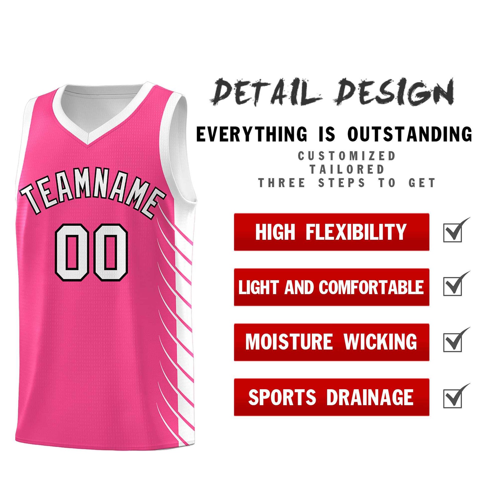 Custom Pink White Personalized Side Symmetrical Line Pattern Sports Uniform Basketball Jersey