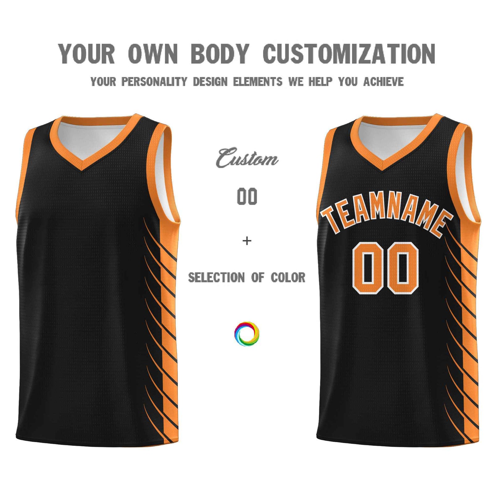Custom Black Gold Orange Personalized Side Symmetrical Line Pattern Sports Uniform Basketball Jersey