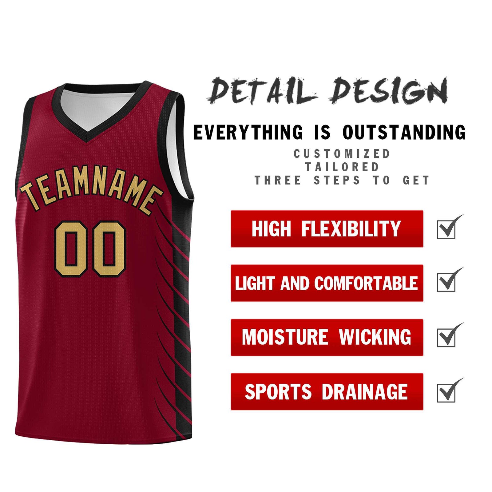 Custom Crimson Black Personalized Side Symmetrical Line Pattern Sports Uniform Basketball Jersey