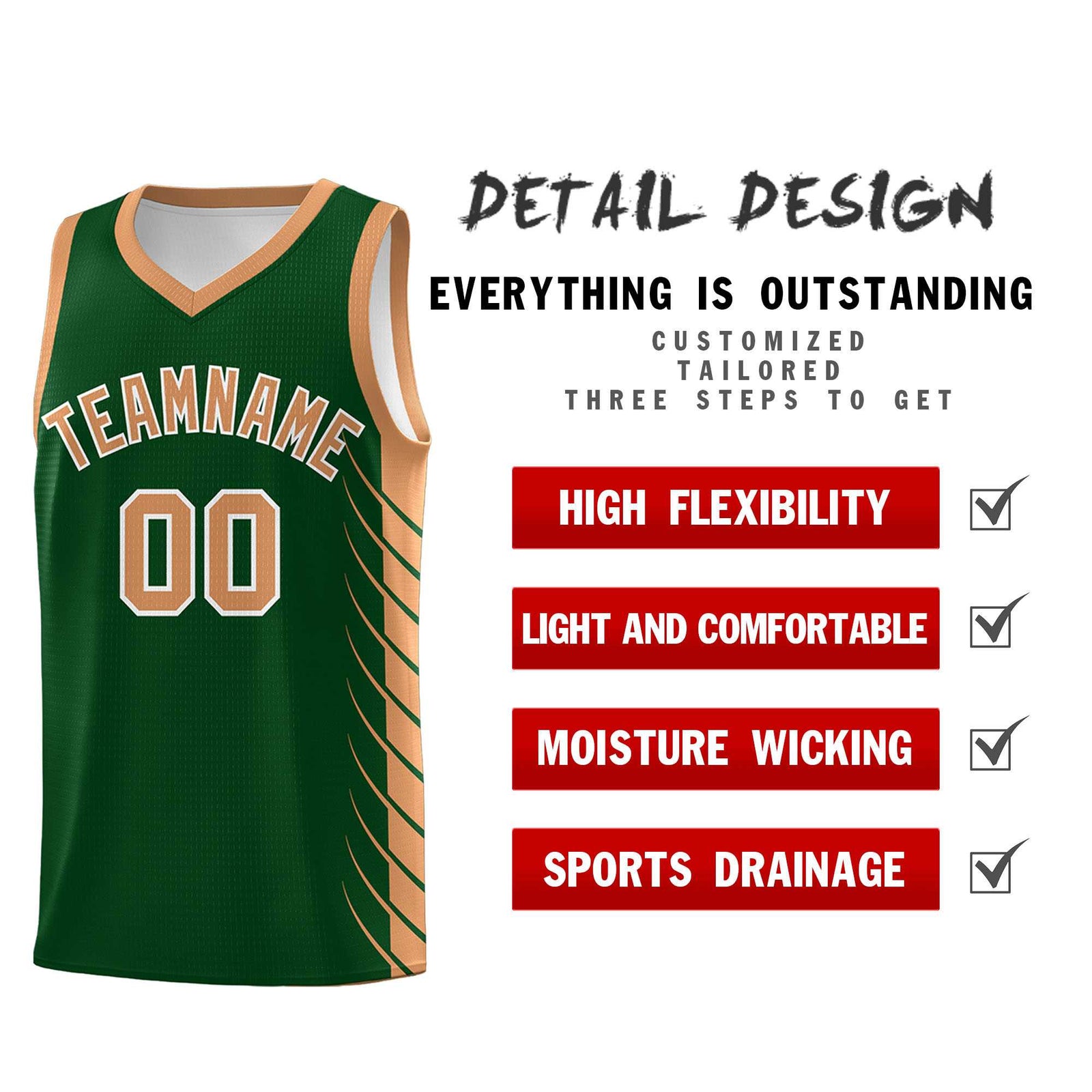 Custom Green Buckskin Brown Personalized Side Symmetrical Line Pattern Sports Uniform Basketball Jersey