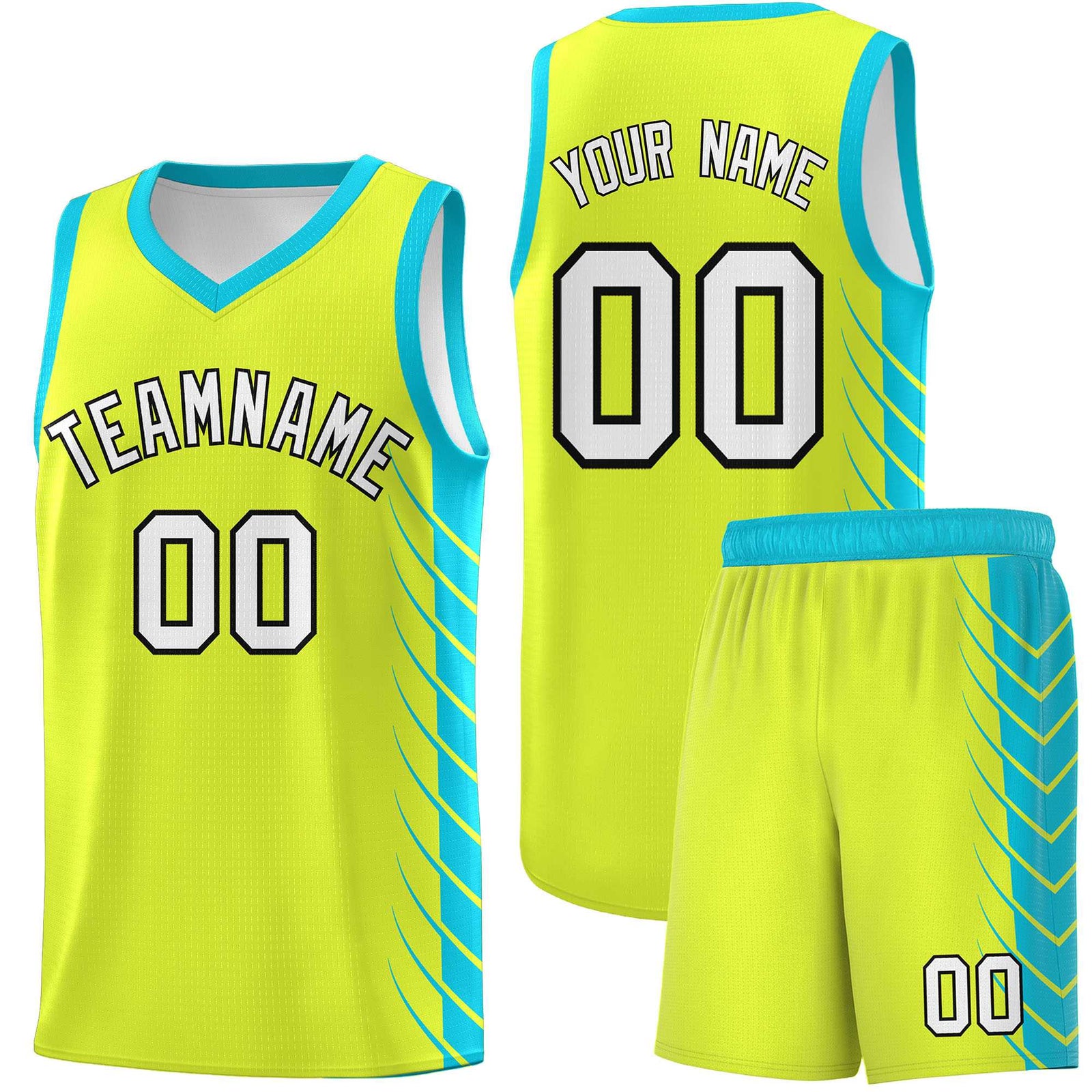 Custom Fluorescent Green Sky Blue Personalized Side Symmetrical Line Pattern Sports Uniform Basketball Jersey