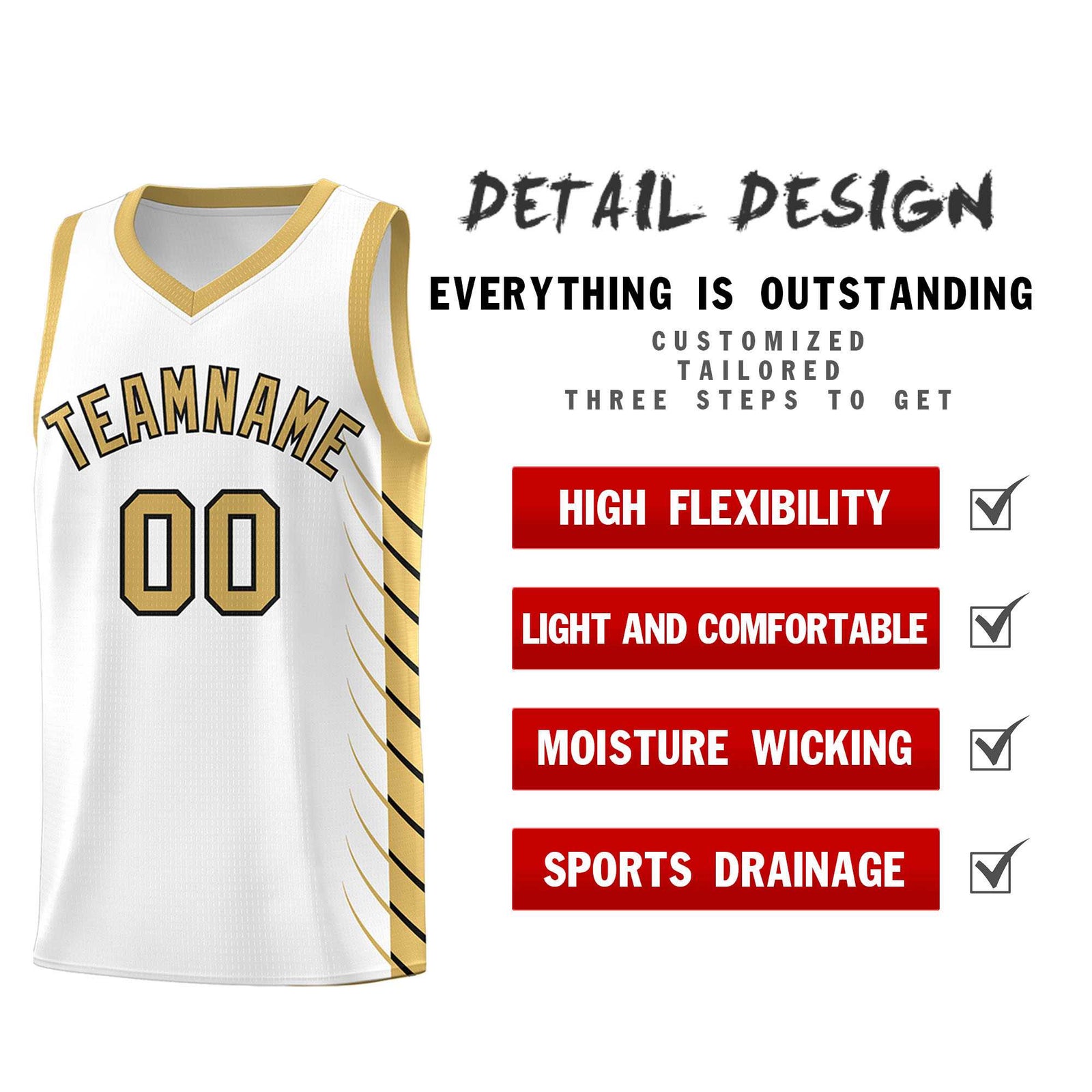 Custom White Old Gold Personalized Side Symmetrical Line Pattern Sports Uniform Basketball Jersey