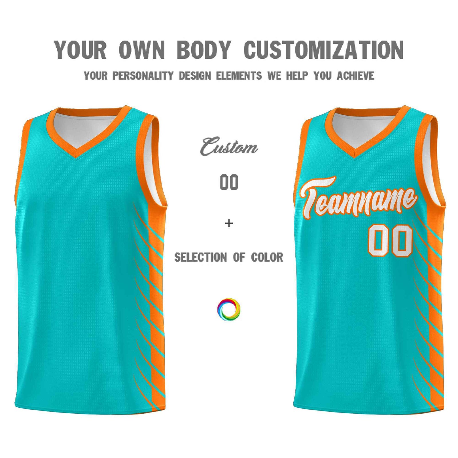 Custom Aqua Orange Personalized Side Symmetrical Line Pattern Sports Uniform Basketball Jersey
