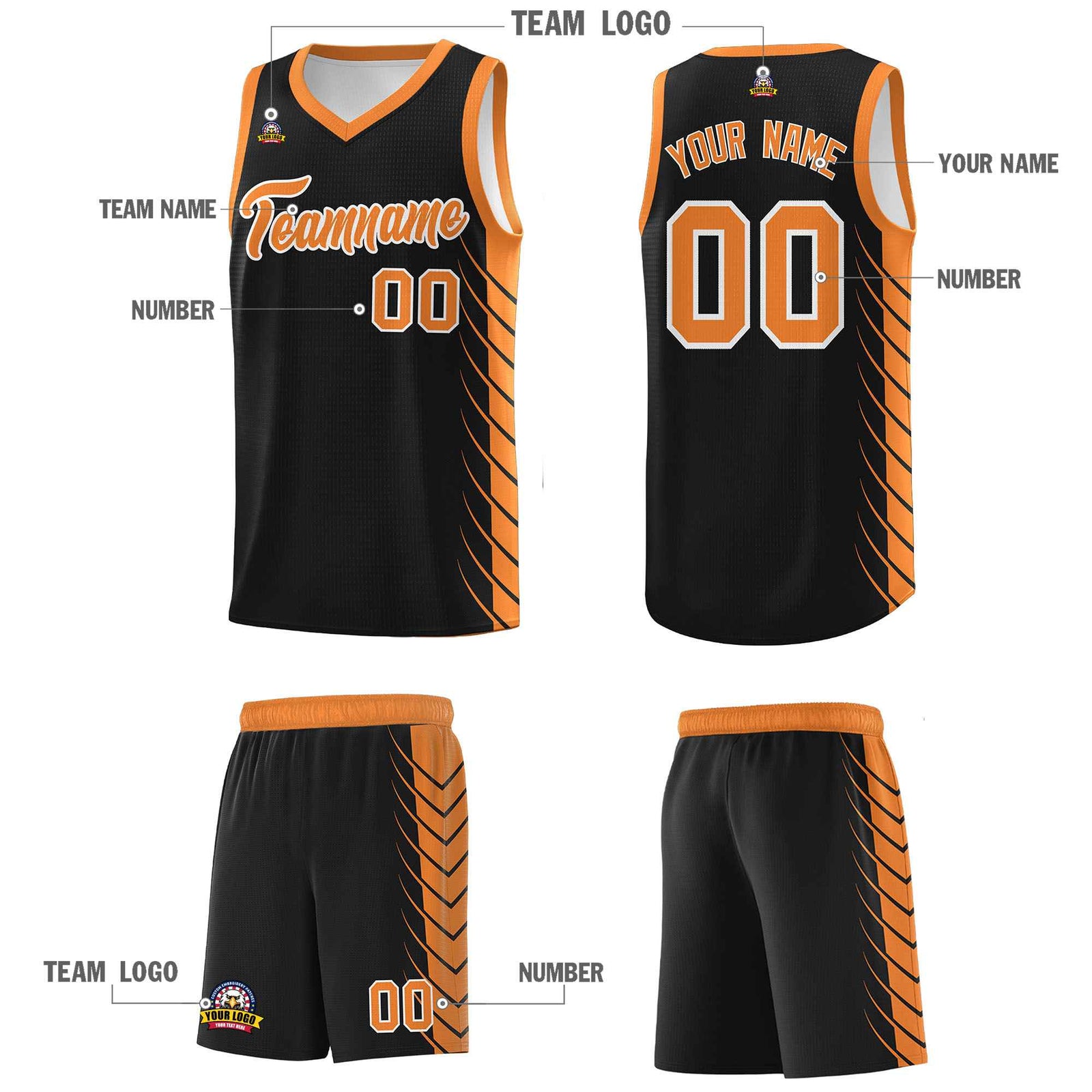 Custom Black Gold Orange Personalized Side Symmetrical Line Pattern Sports Uniform Basketball Jersey