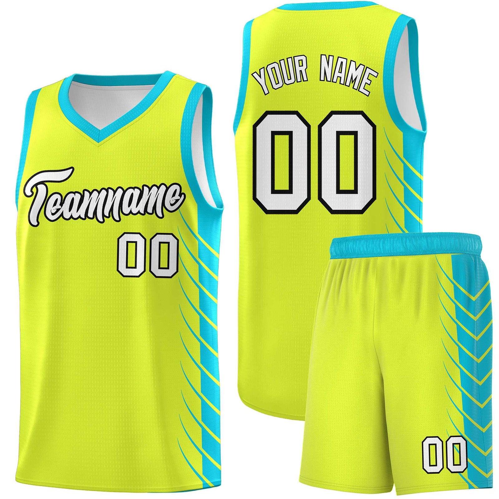 Custom Fluorescent Green Sky Blue Personalized Side Symmetrical Line Pattern Sports Uniform Basketball Jersey