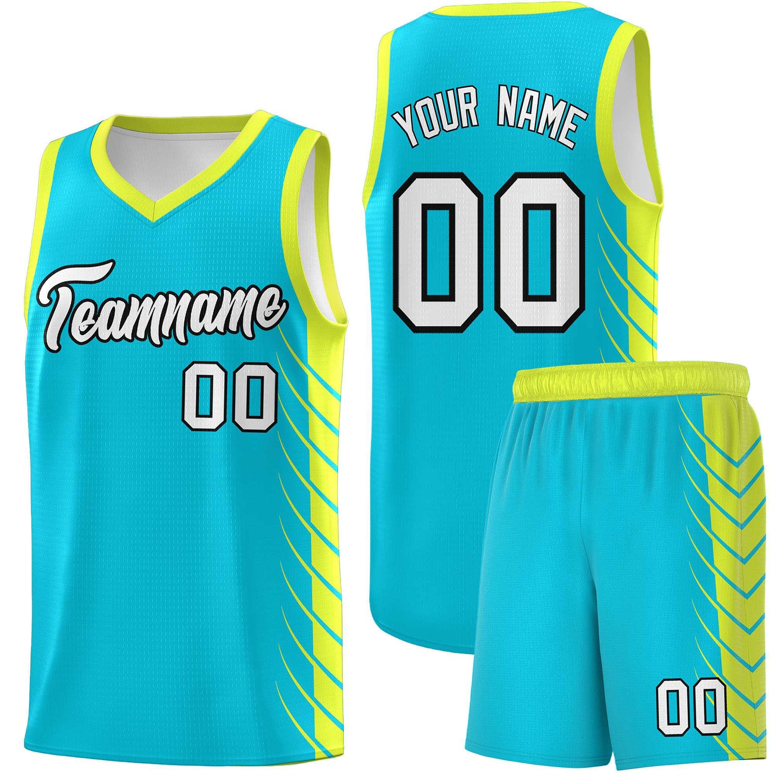 Custom Sky Blue Fluorescent Green Personalized Side Symmetrical Line Pattern Sports Uniform Basketball Jersey