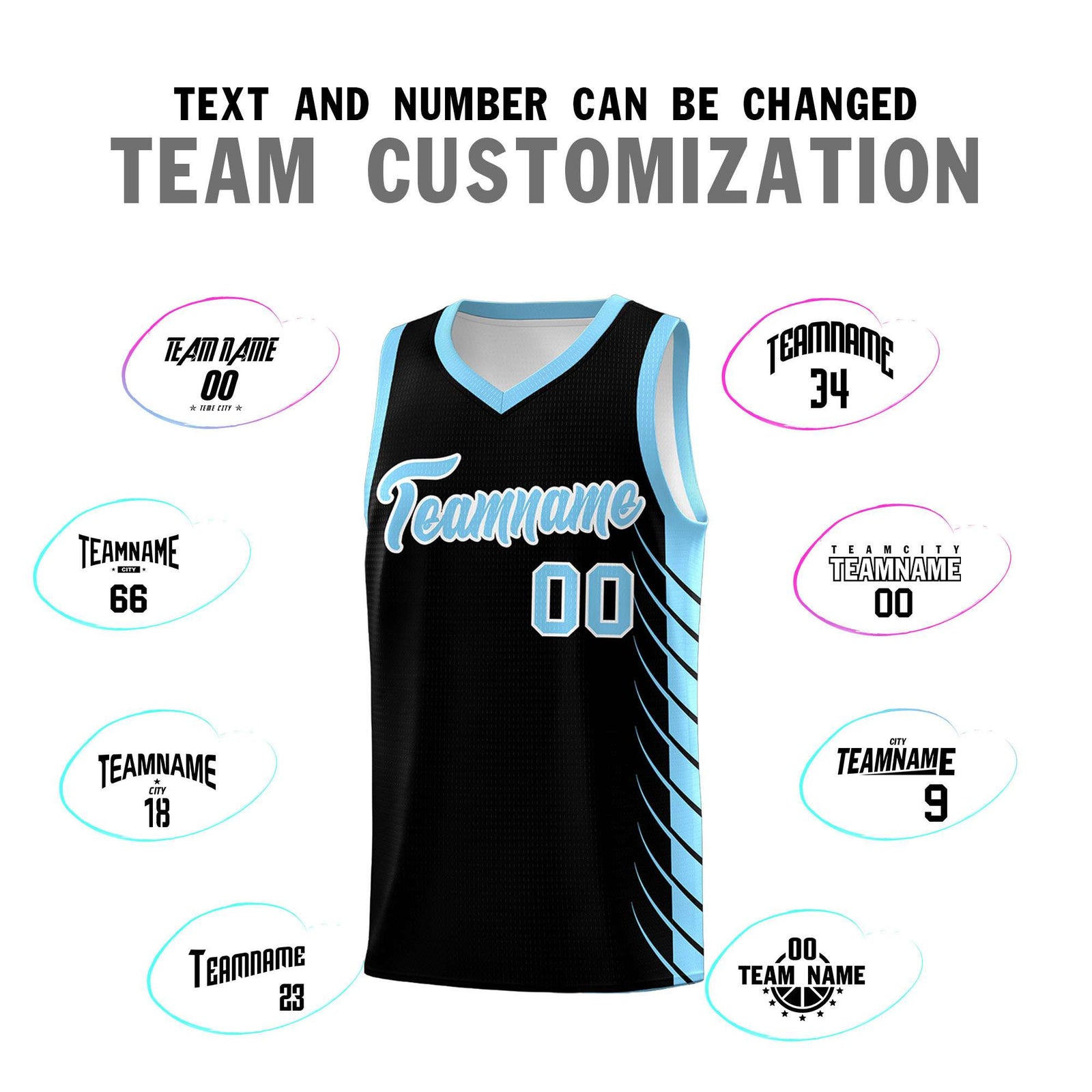 Custom Black Light Blue Personalized Side Symmetrical Line Pattern Sports Uniform Basketball Jersey