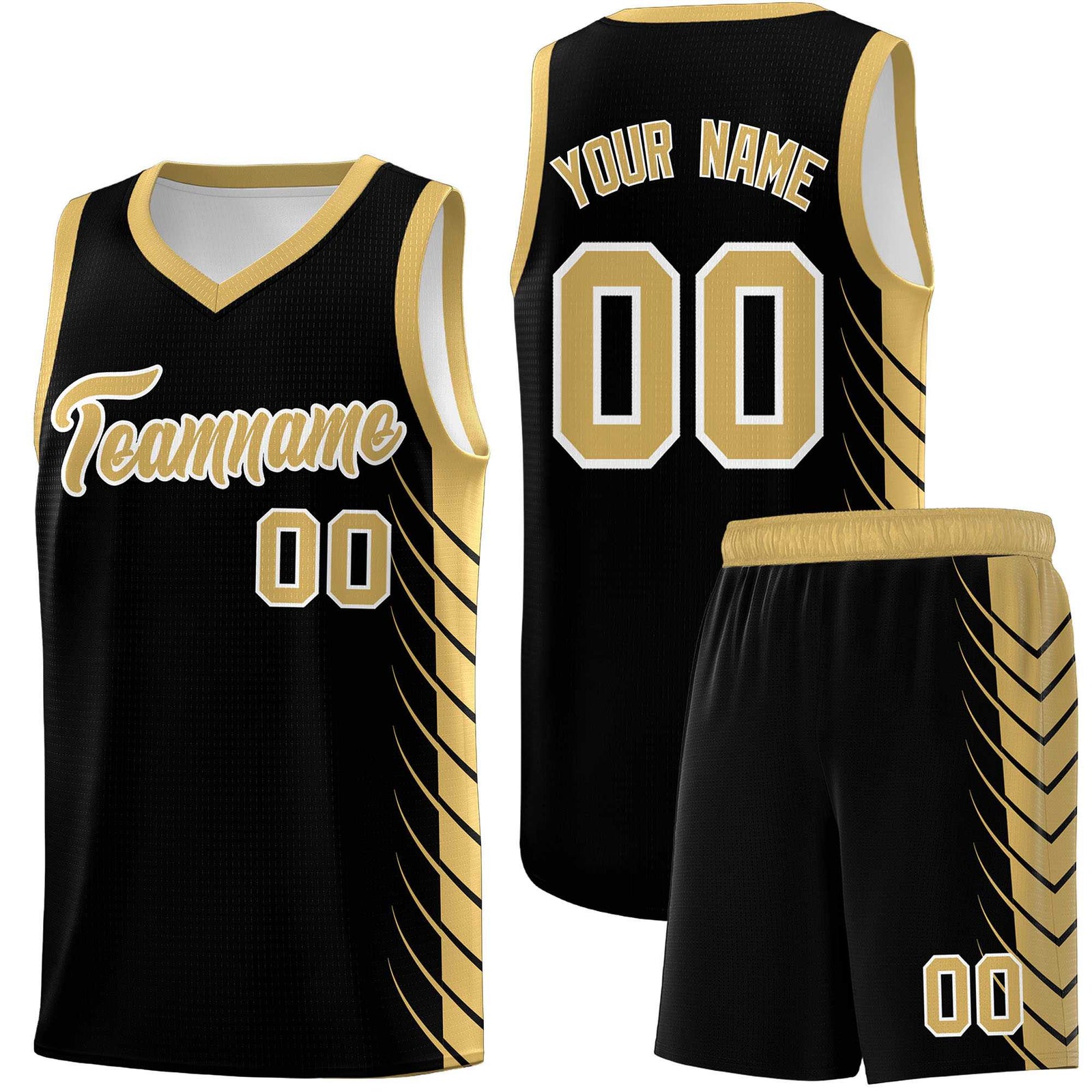 Custom Black Old Gold Personalized Side Symmetrical Line Pattern Sports Uniform Basketball Jersey
