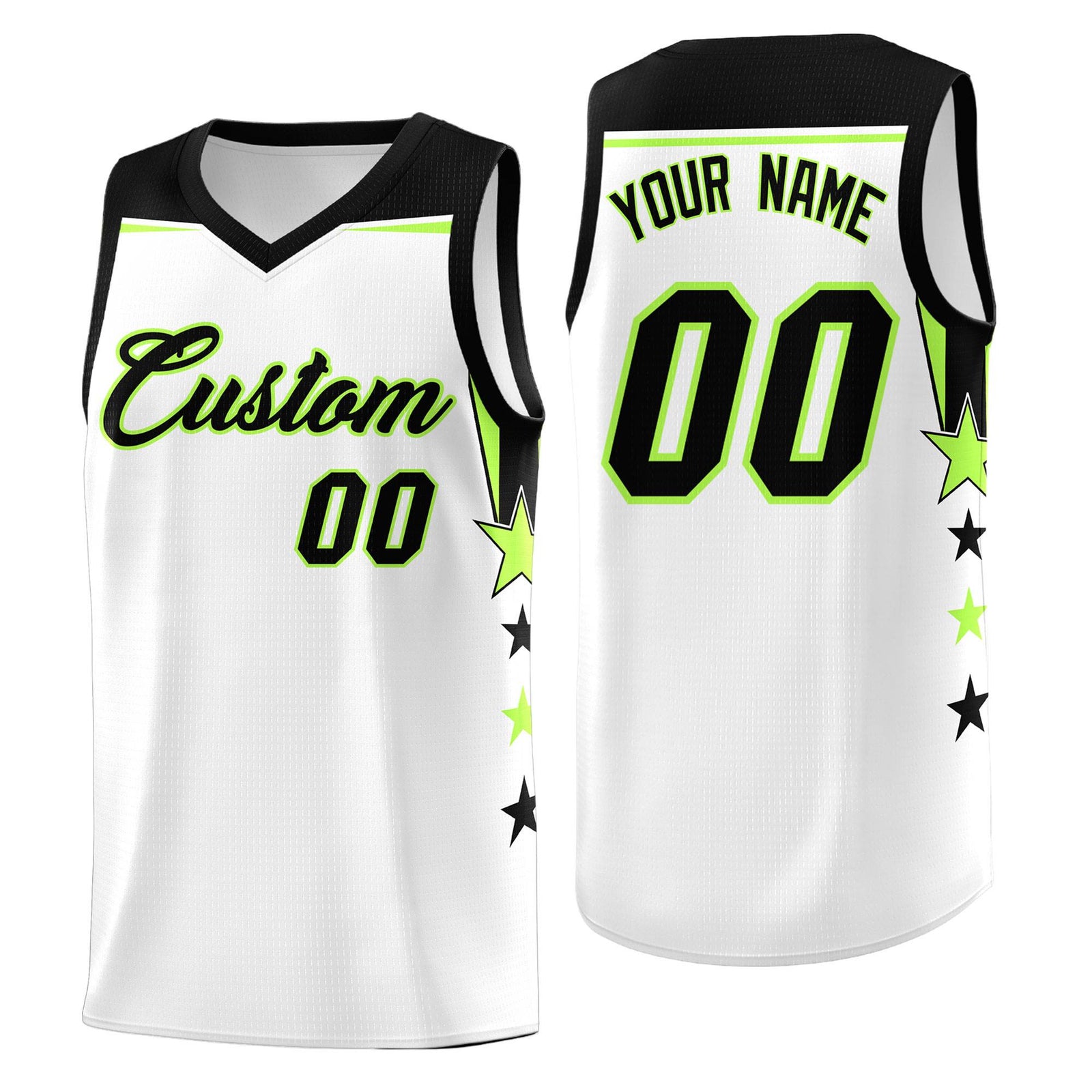 Custom Youth Basketball Uniform White Black Two Tone Side Star Add Name Number & Logo