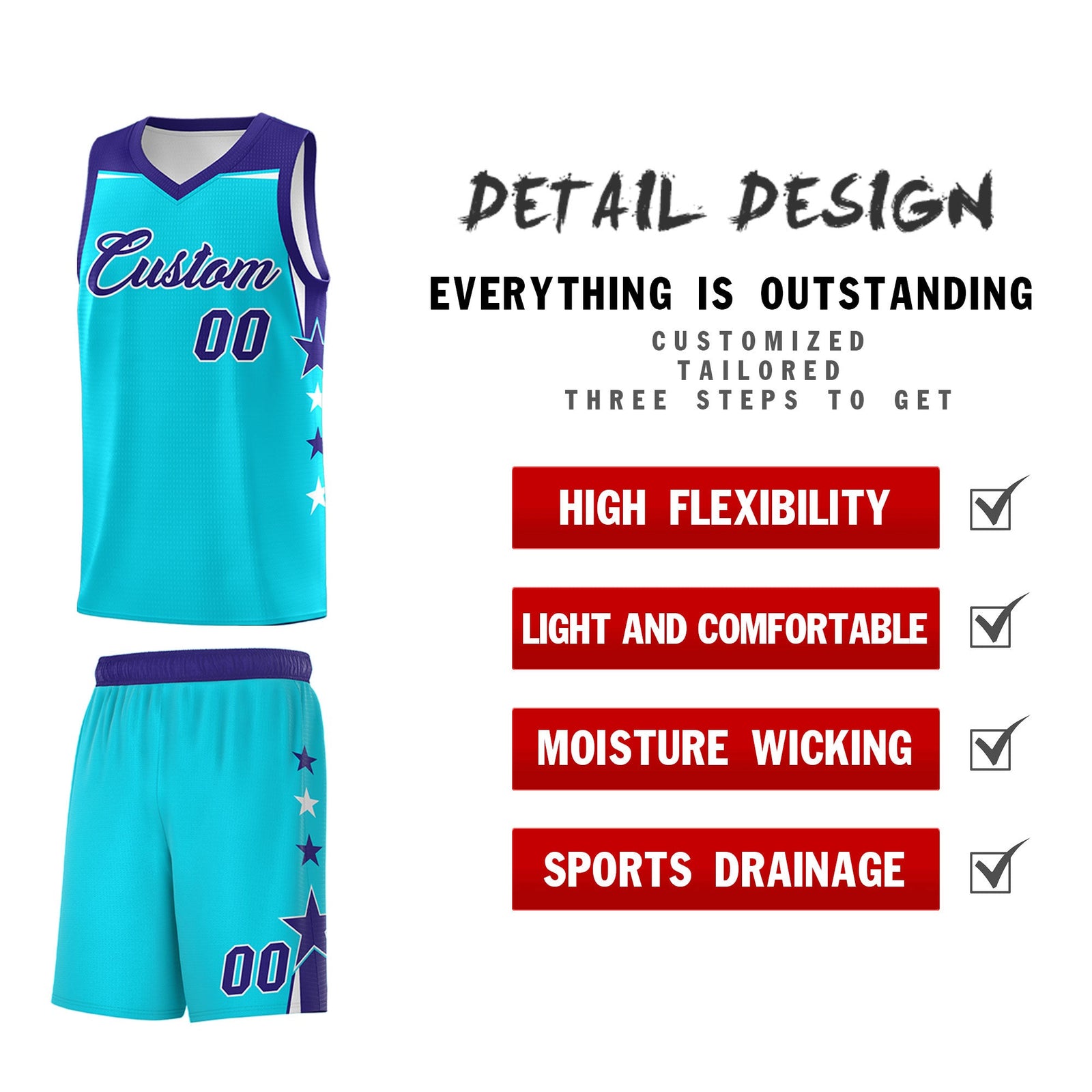 Custom Youth Basketball Uniform Sky Blue Royal Two Tone Side Star Personalized Team Jersey
