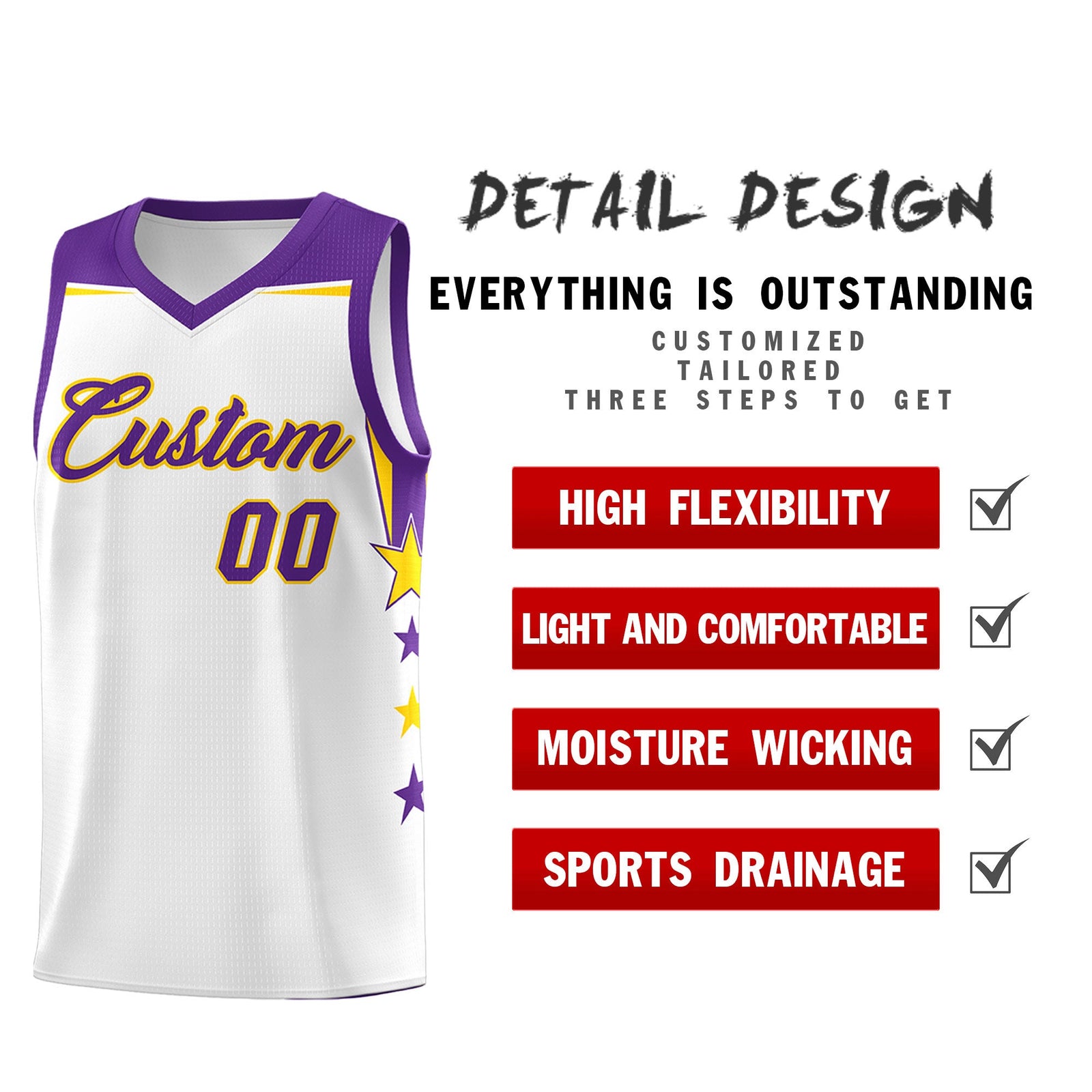 Custom Youth Basketball Uniform White Purple Two Tone Side Star Color Block Team Jersey