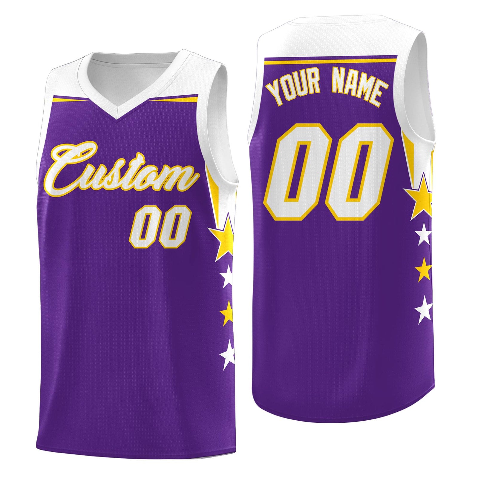 Custom Youth Basketball Uniform Purple White Two Tone Side Star Add Name Number & Logo