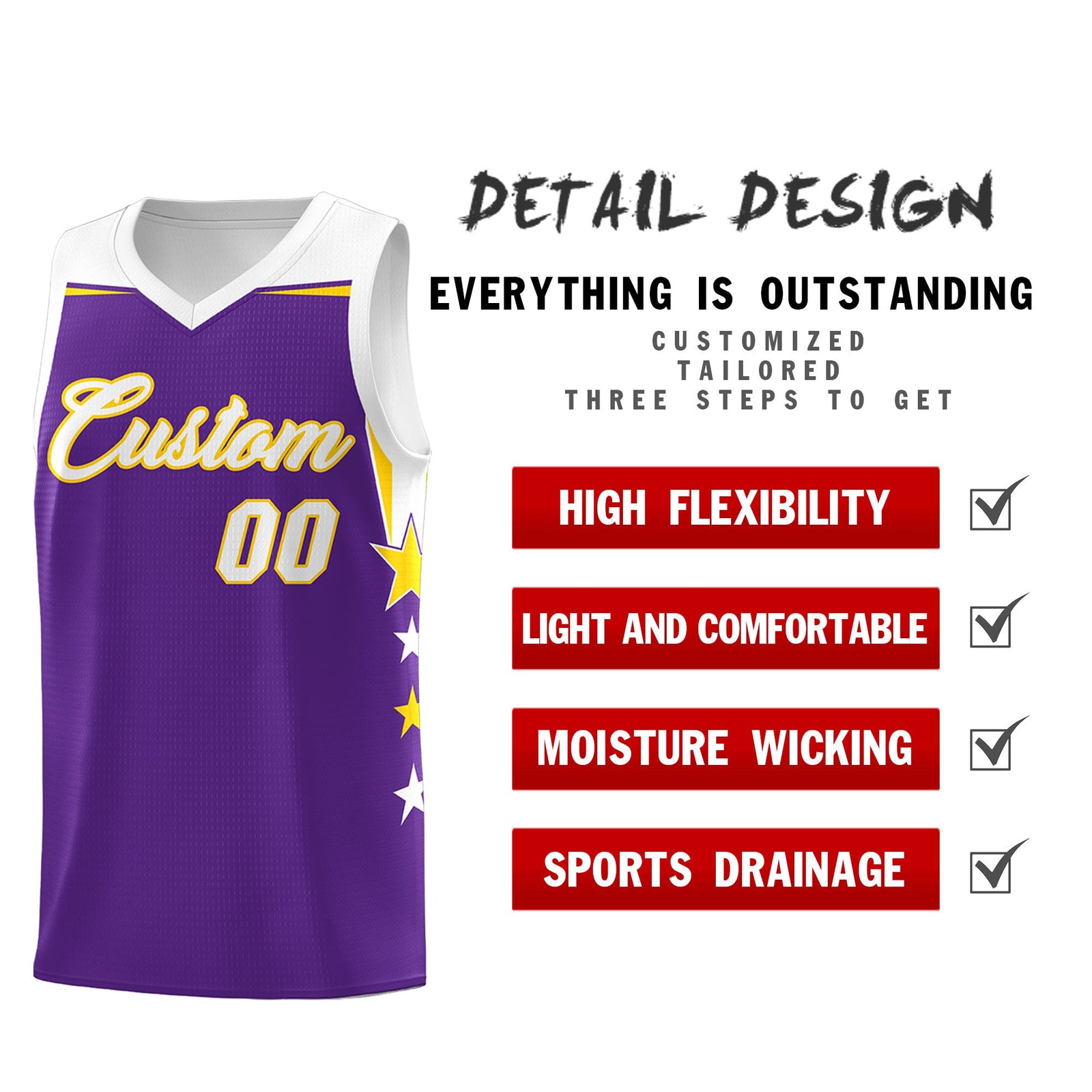 Custom Youth Basketball Uniform Purple White Two Tone Side Star Add Name Number & Logo