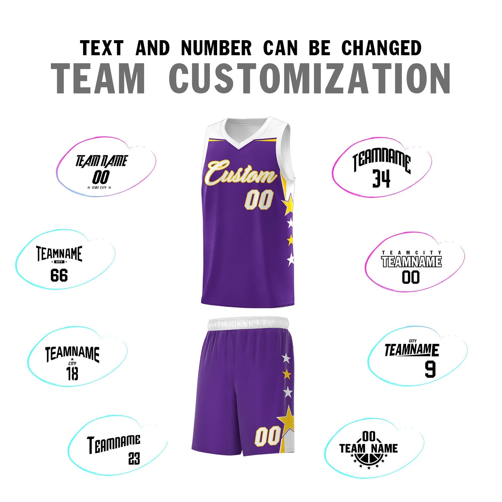 Custom Youth Basketball Uniform Purple White Two Tone Side Star Add Name Number & Logo