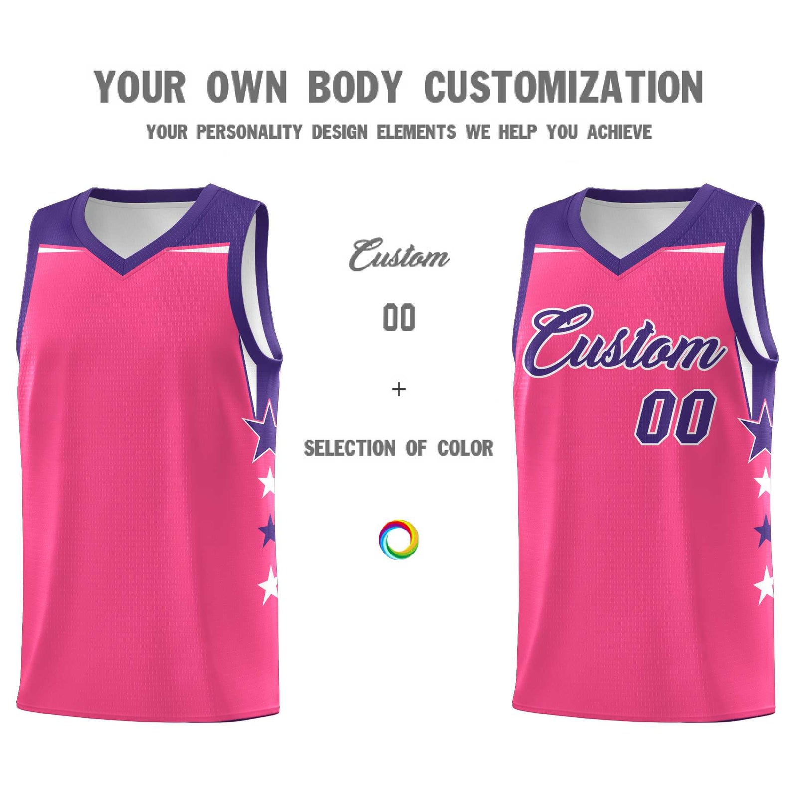 Custom Youth Basketball Uniform Pink Purple Two Tone Side Star Add Name Number & Logo